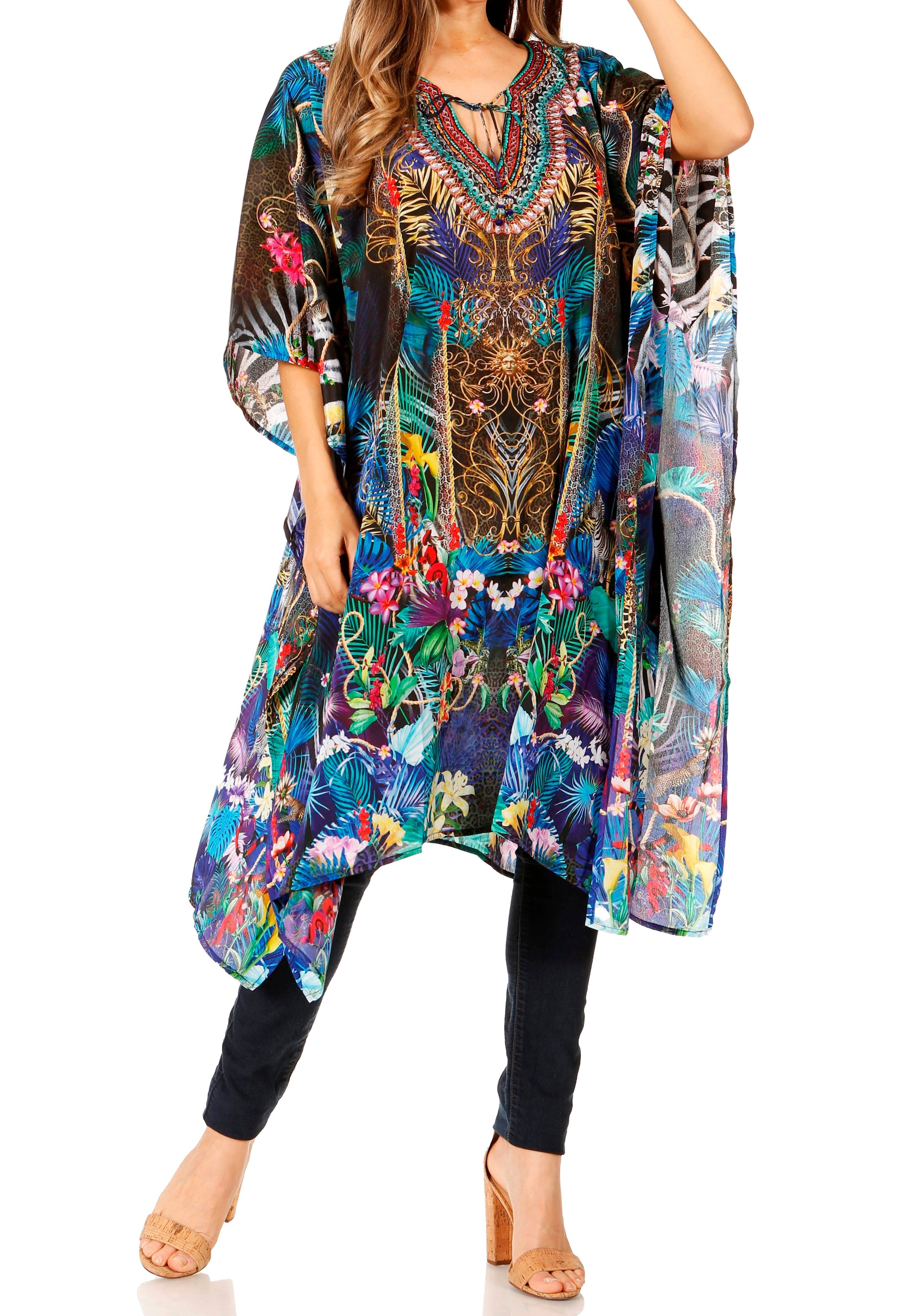 Woman wearing a colorful floral kimono-style garment on a white background