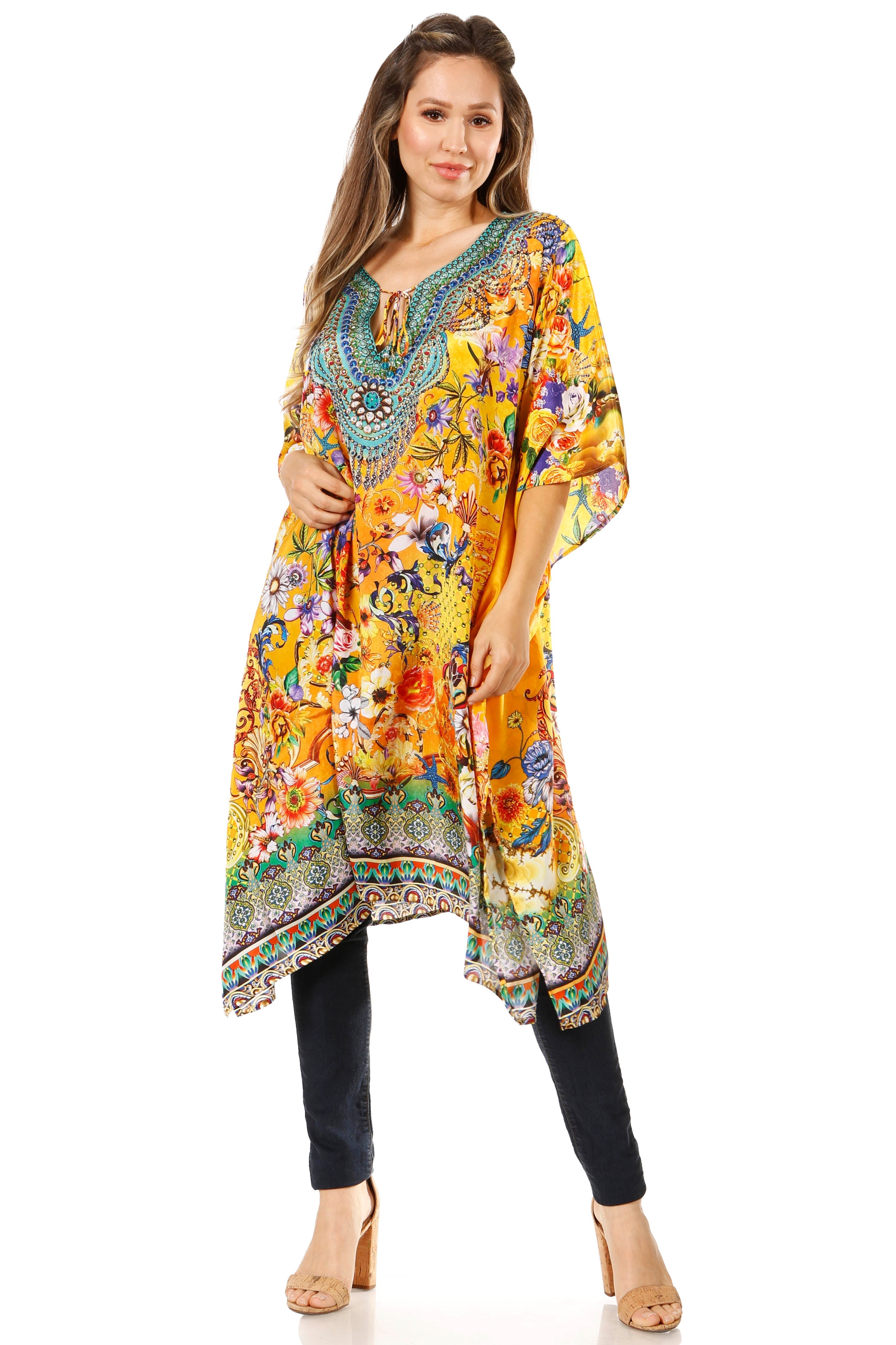 Woman wearing a colorful floral dress with a white background