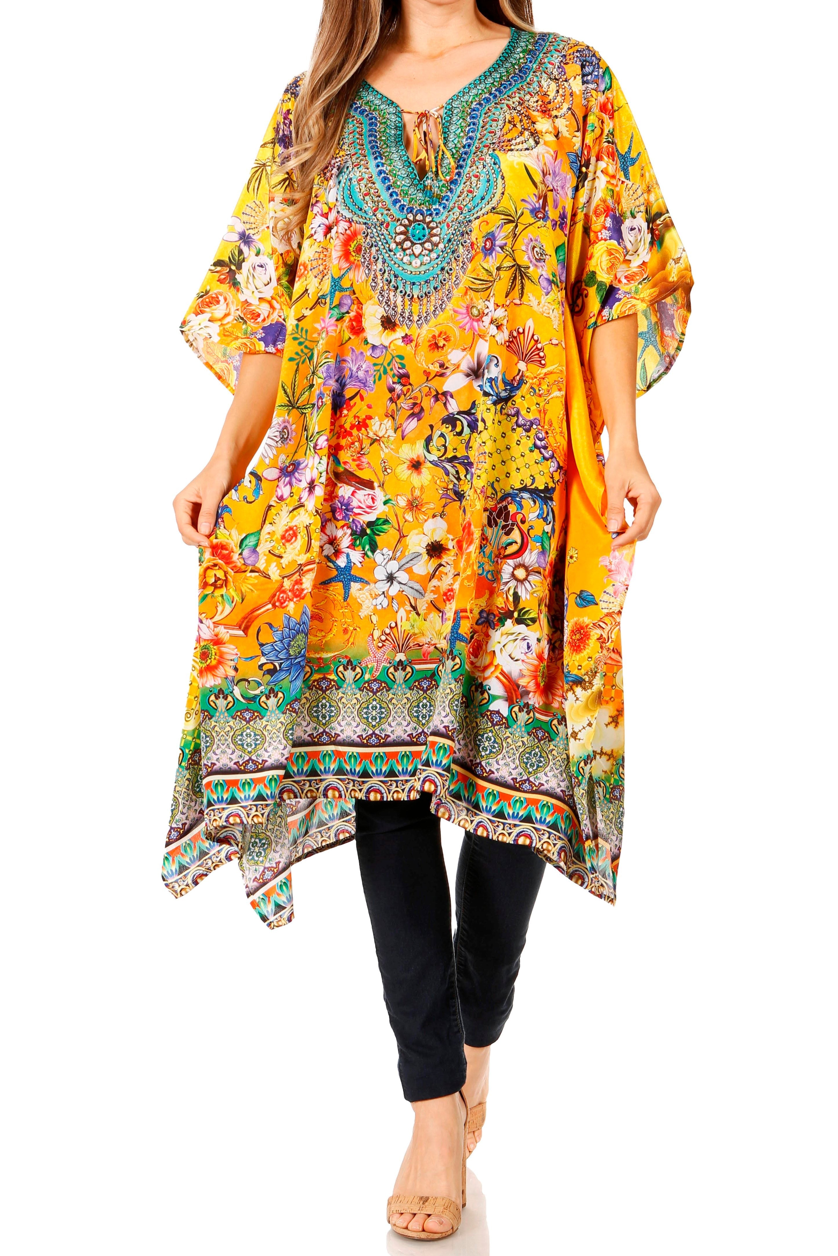 Woman wearing a colorful floral dress with a yellow background