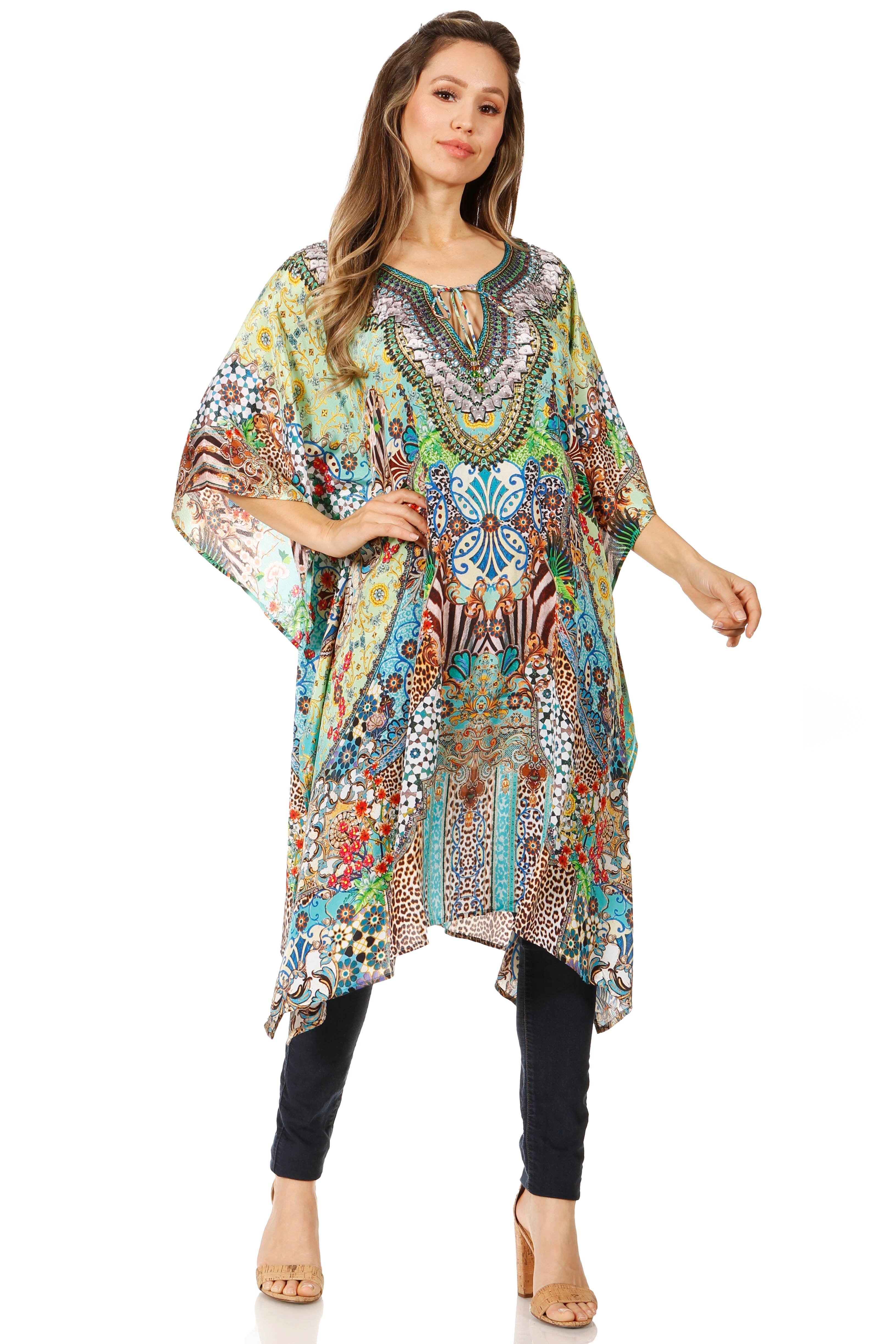 Woman wearing a colorful patterned dress on a white background