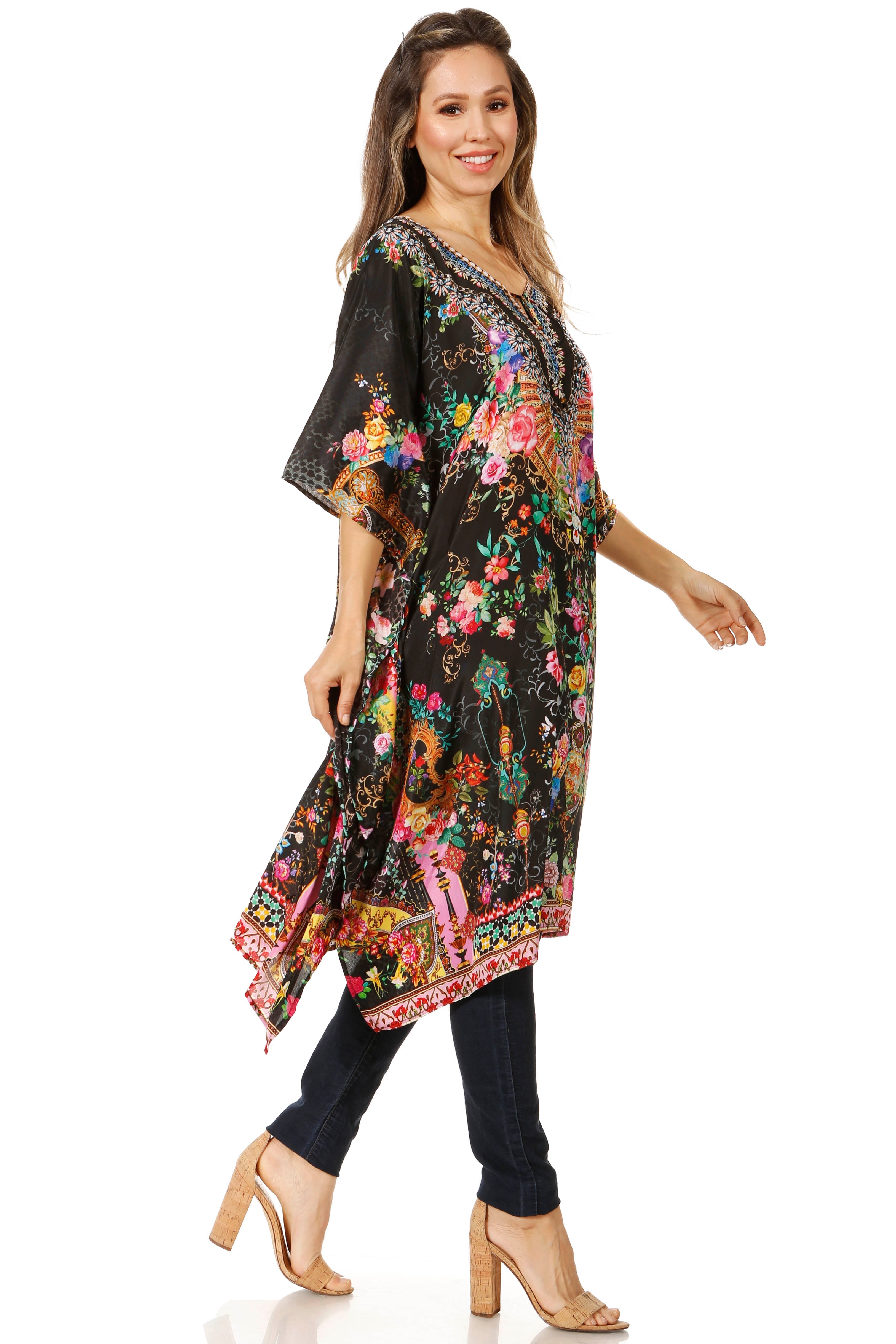Woman wearing a floral kimono-style garment on a white background