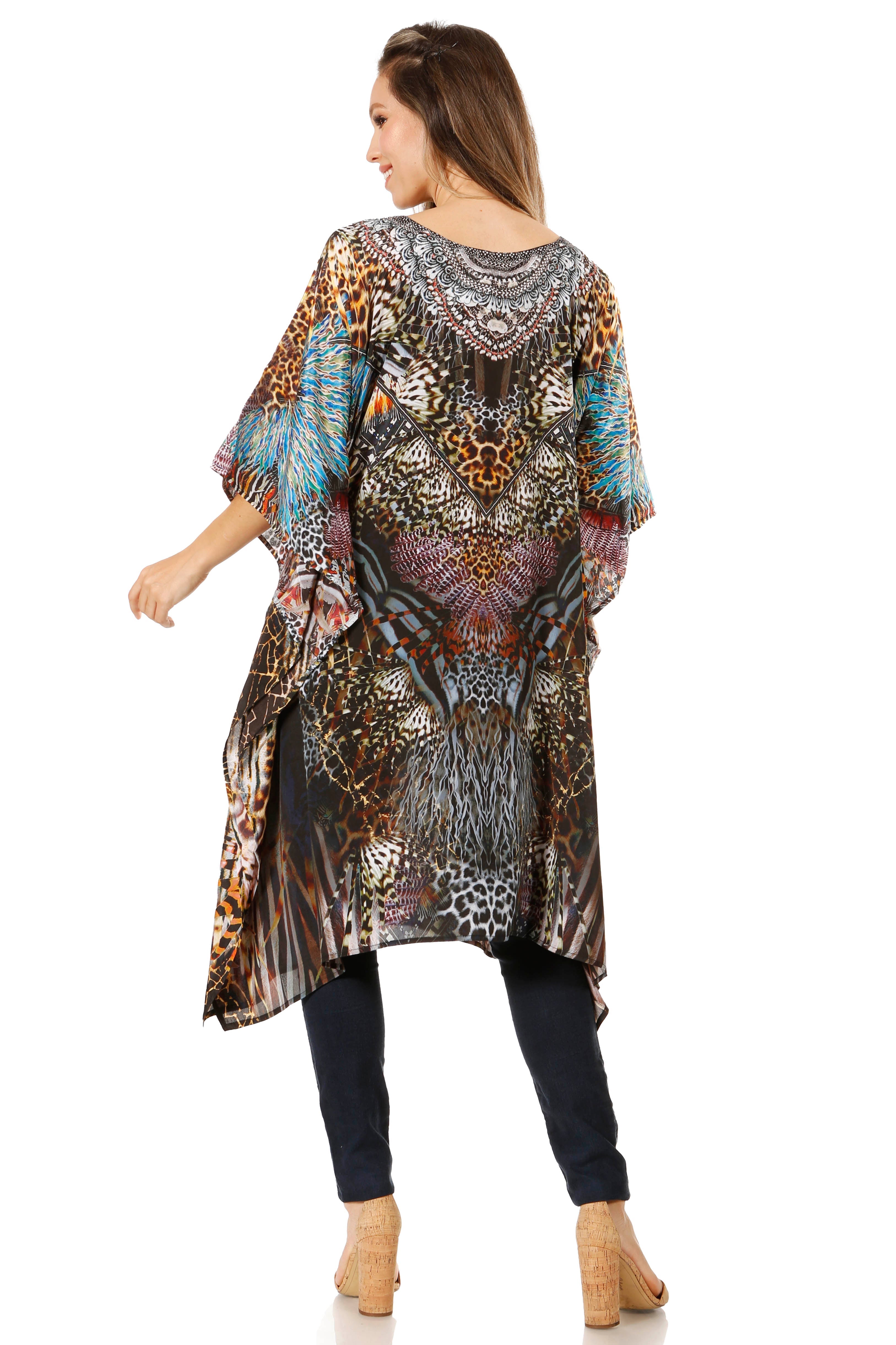 Woman wearing a long, patterned kimono-style garment on a white background