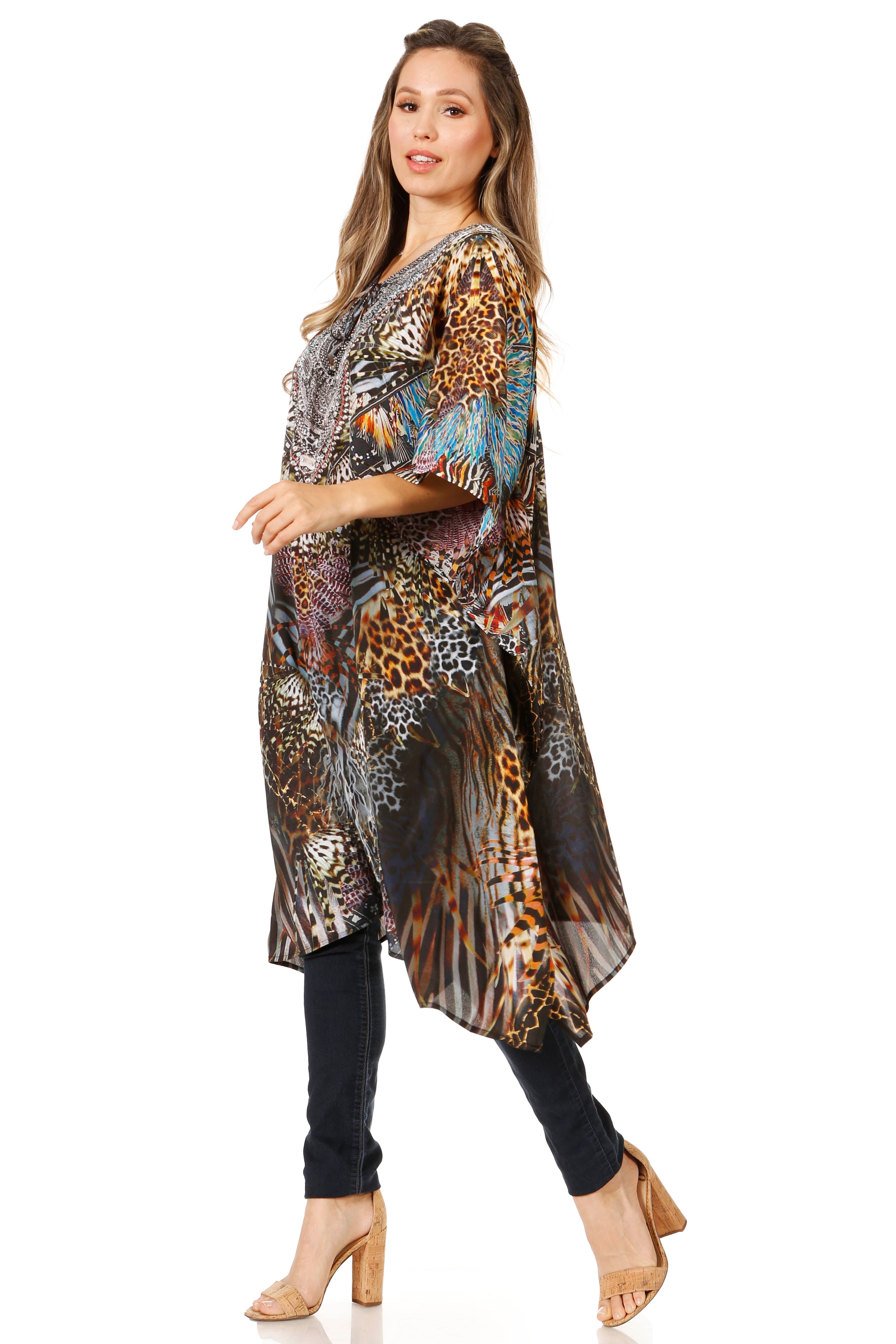 Woman wearing a long, patterned kimono-style garment on a white background