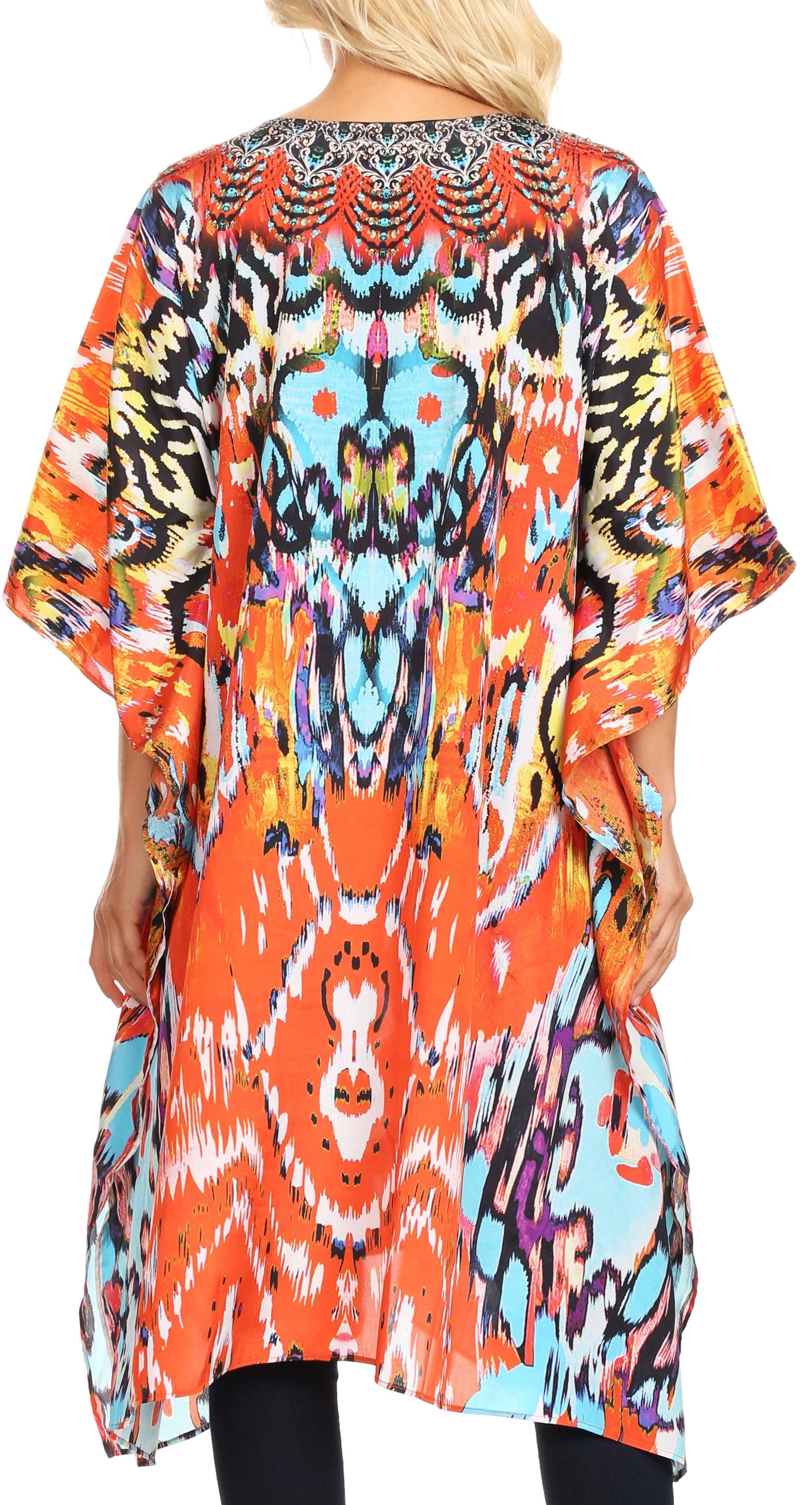 Colorful patterned kimono-style garment worn by a person