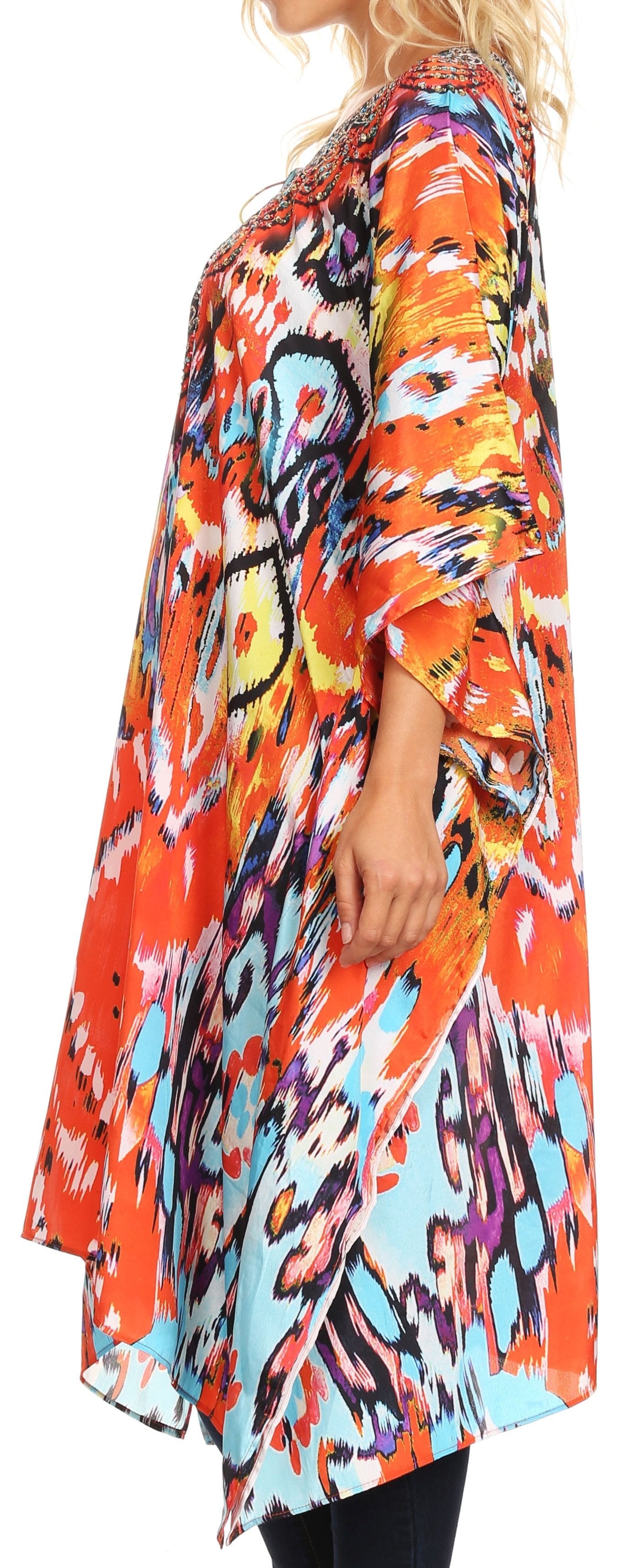 Colorful patterned kimono-style garment worn by a person