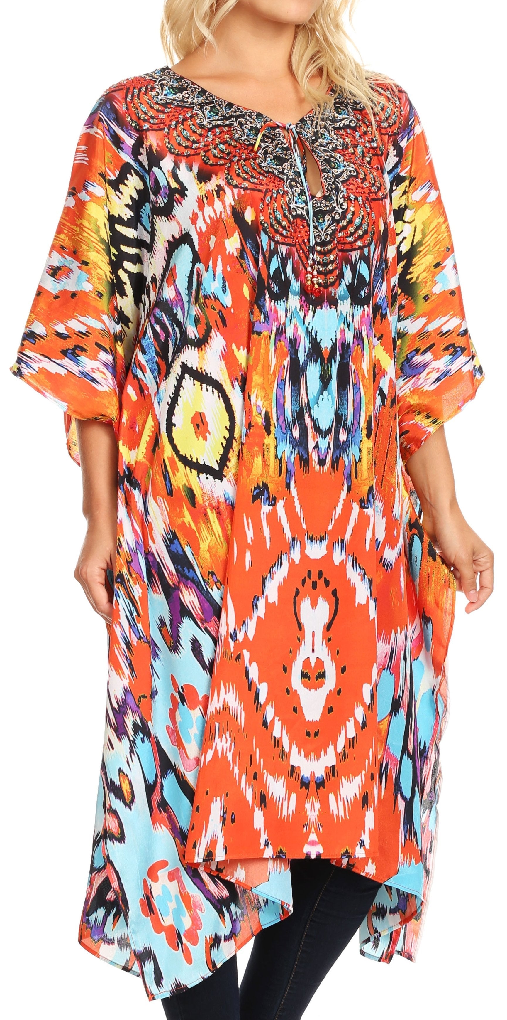 Colorful tie-dye dress worn by a model on a white background