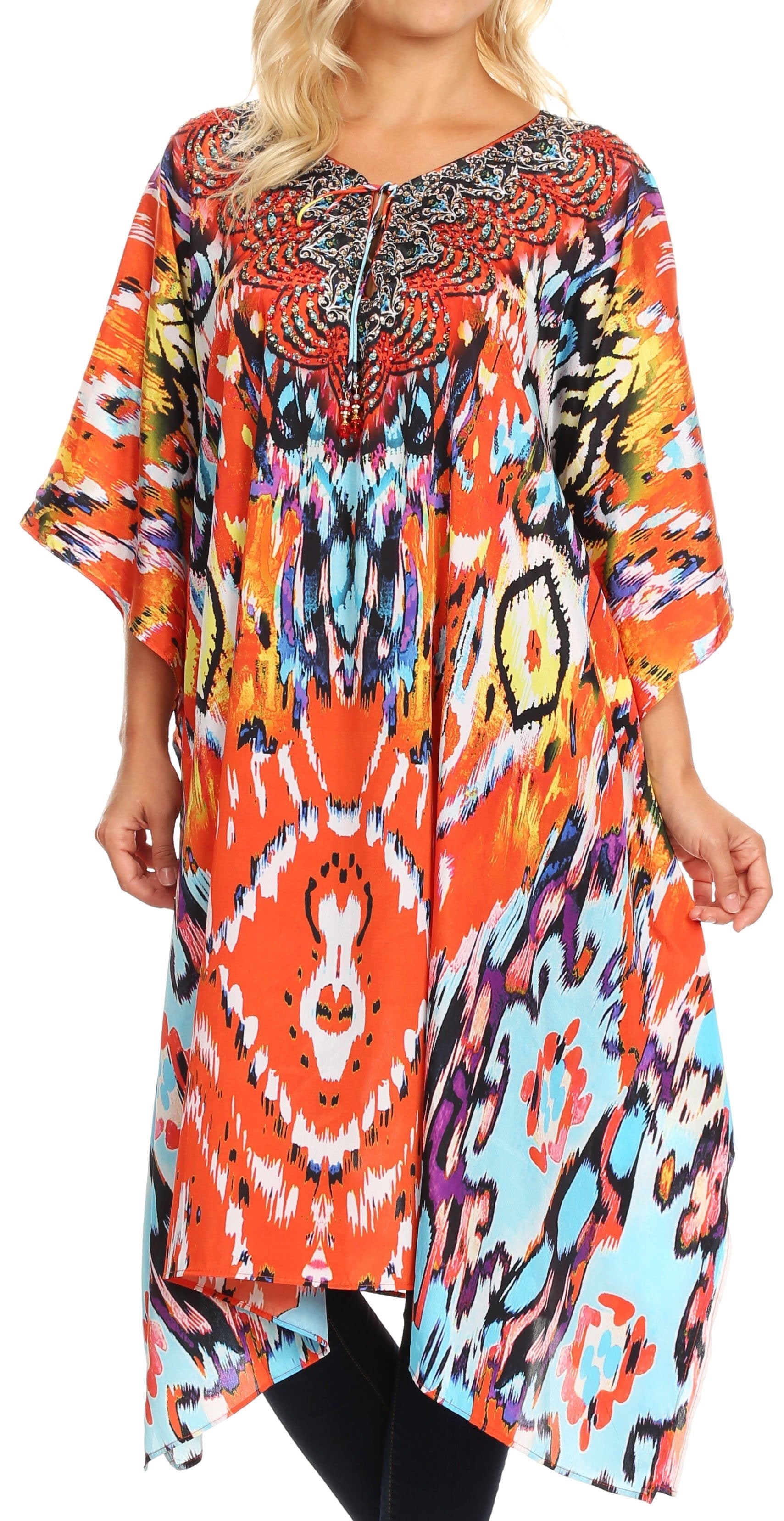 Colorful tie-dye dress worn by a model on a white background