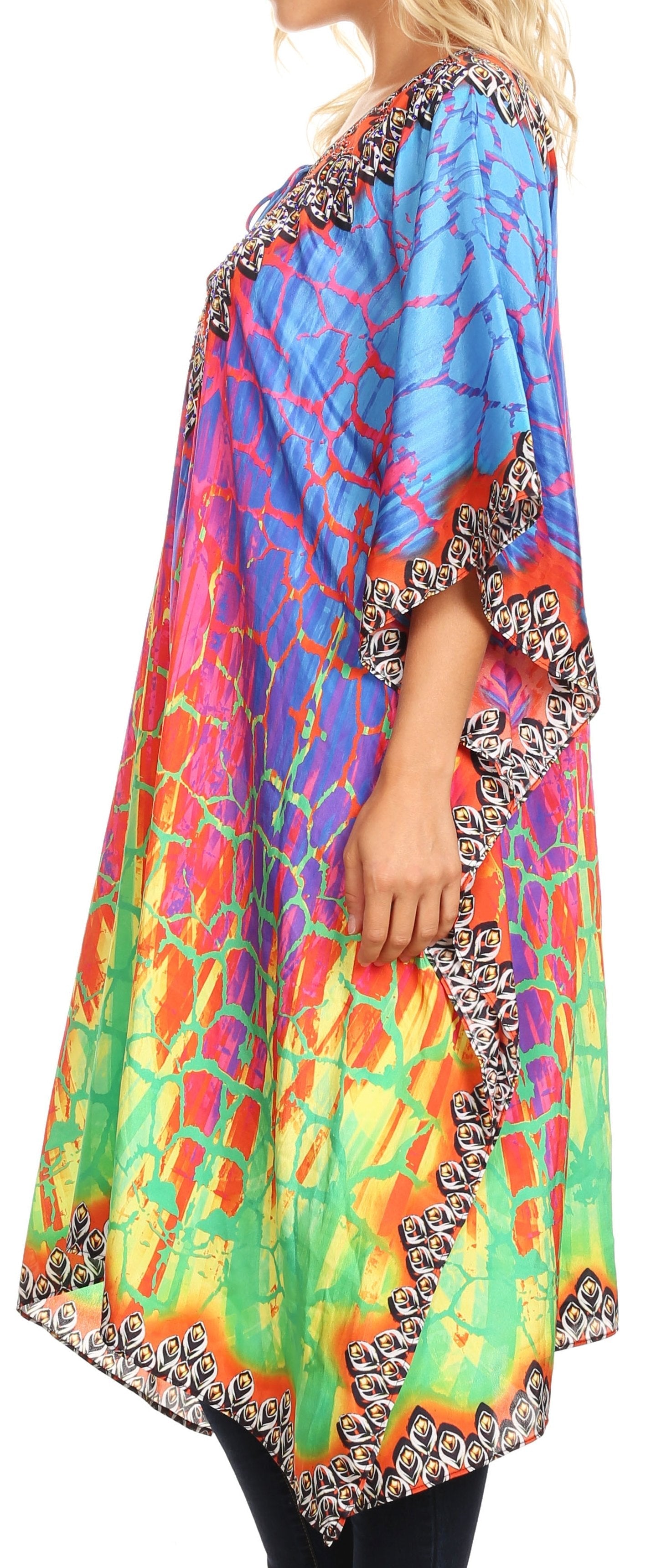 Colorful tie-dye kimono-style garment with a patterned border.