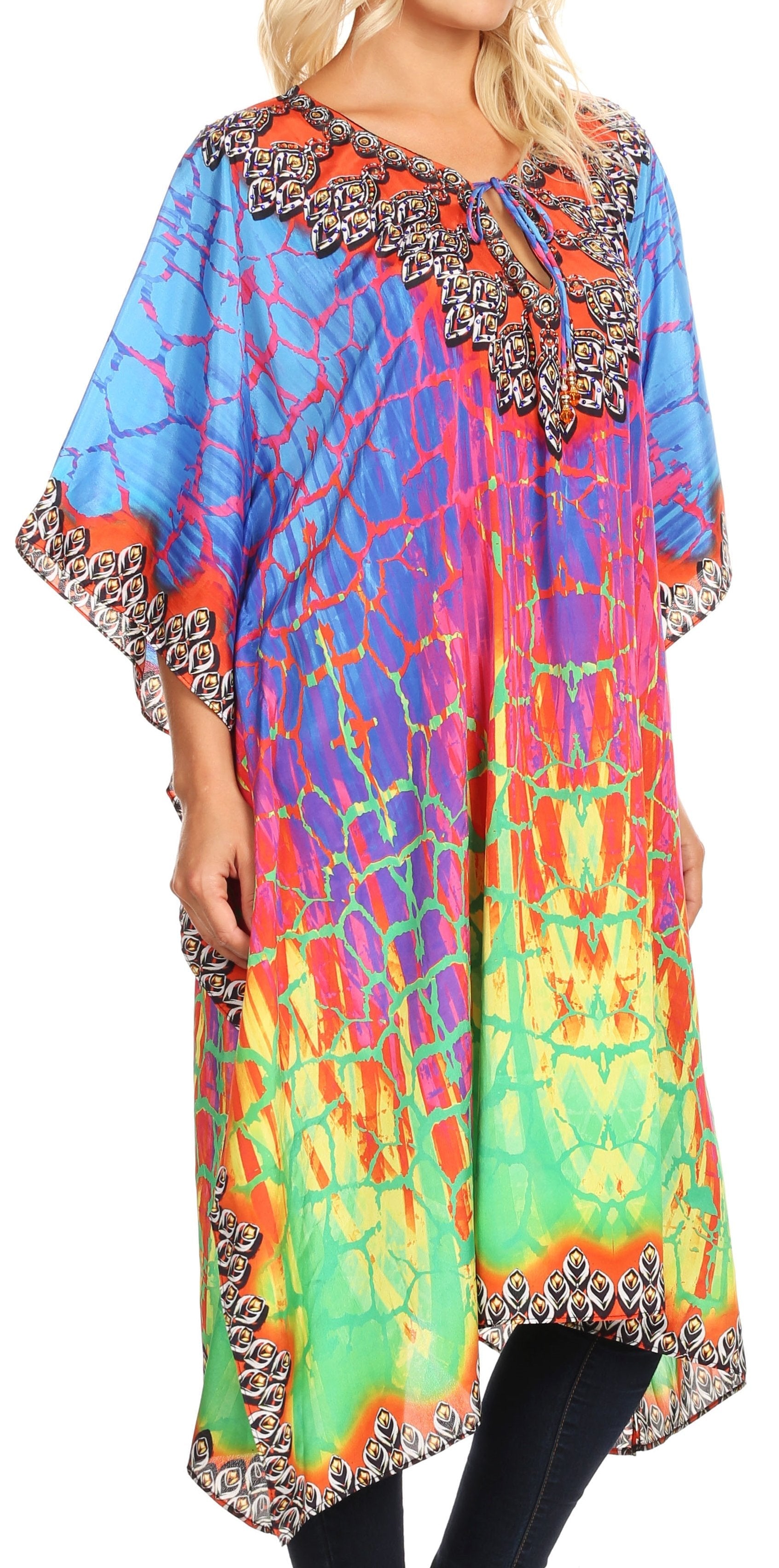 Colorful tie-dye dress with intricate patterns on a plain background