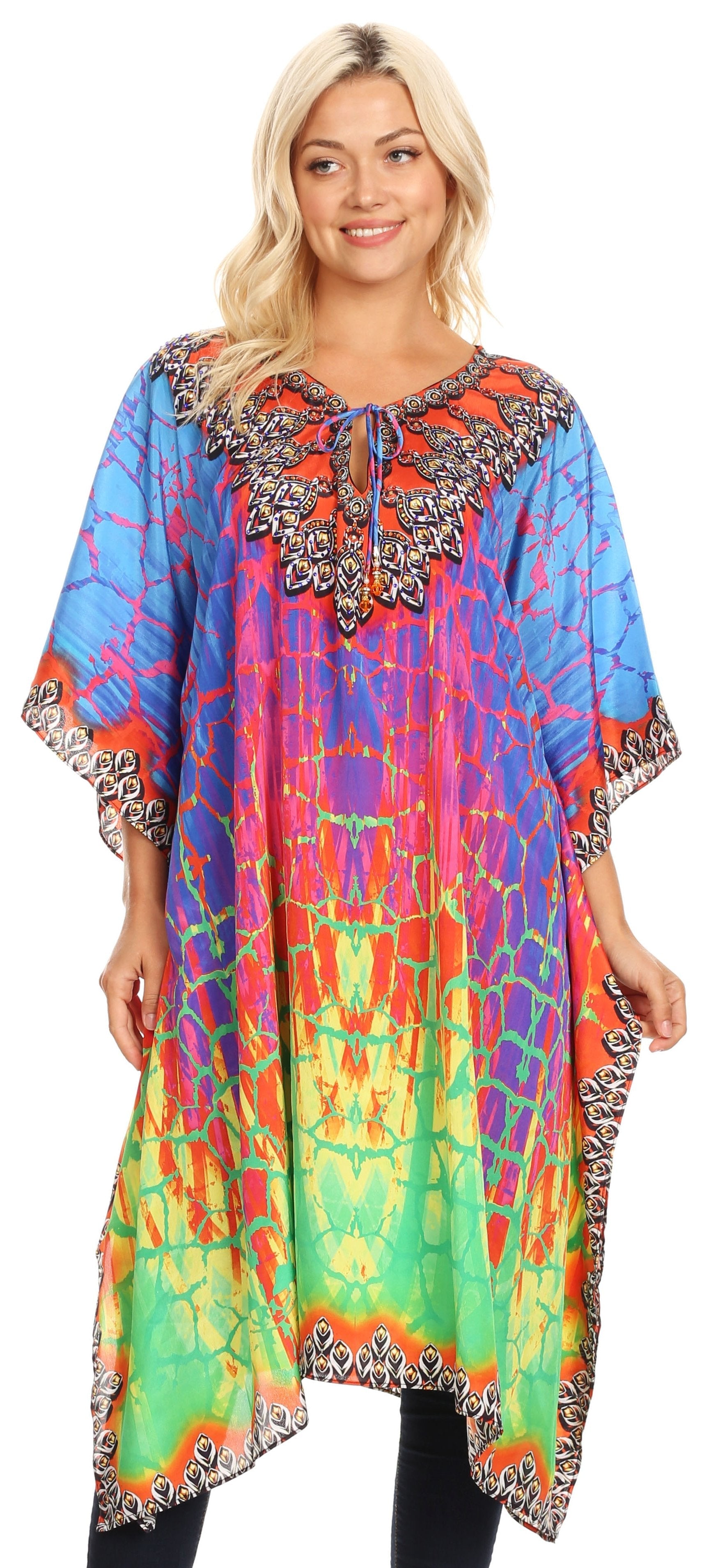 Woman wearing a colorful tie-dye dress with intricate patterns