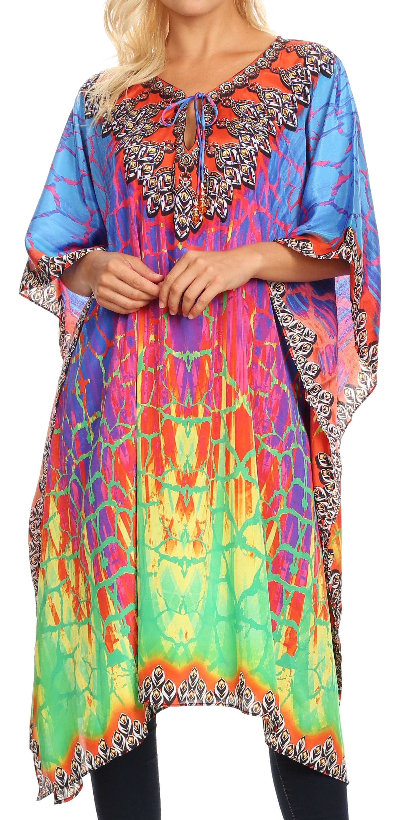 Colorful tie-dye dress with intricate patterns on a white background