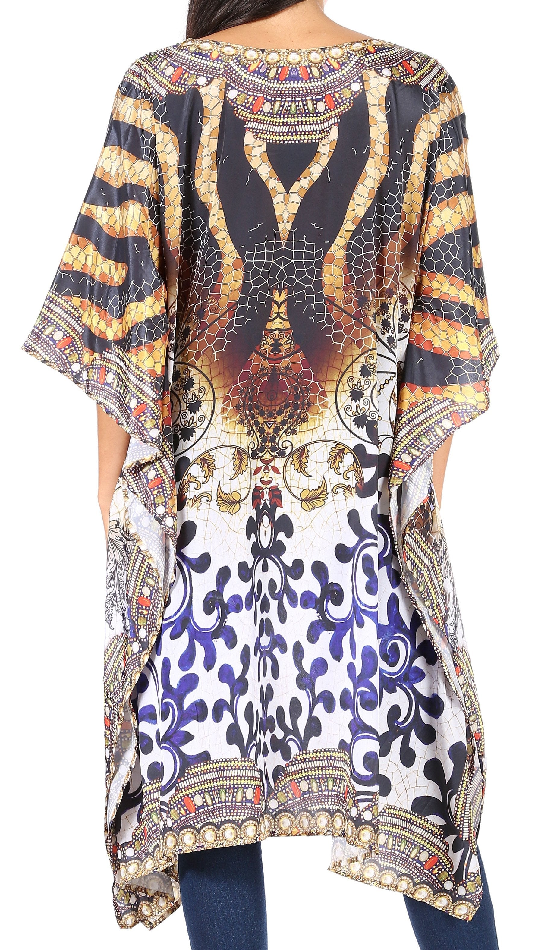 Colorful patterned dress with a mandala design on a white background