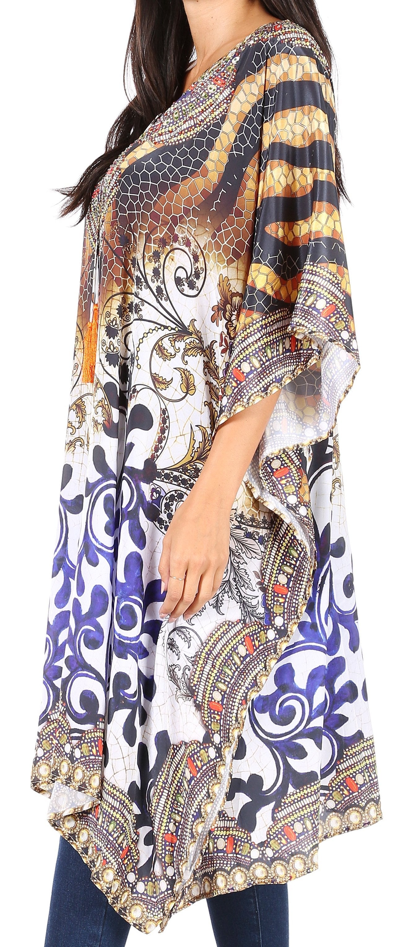 Woman wearing a patterned kimono-style garment with intricate designs.