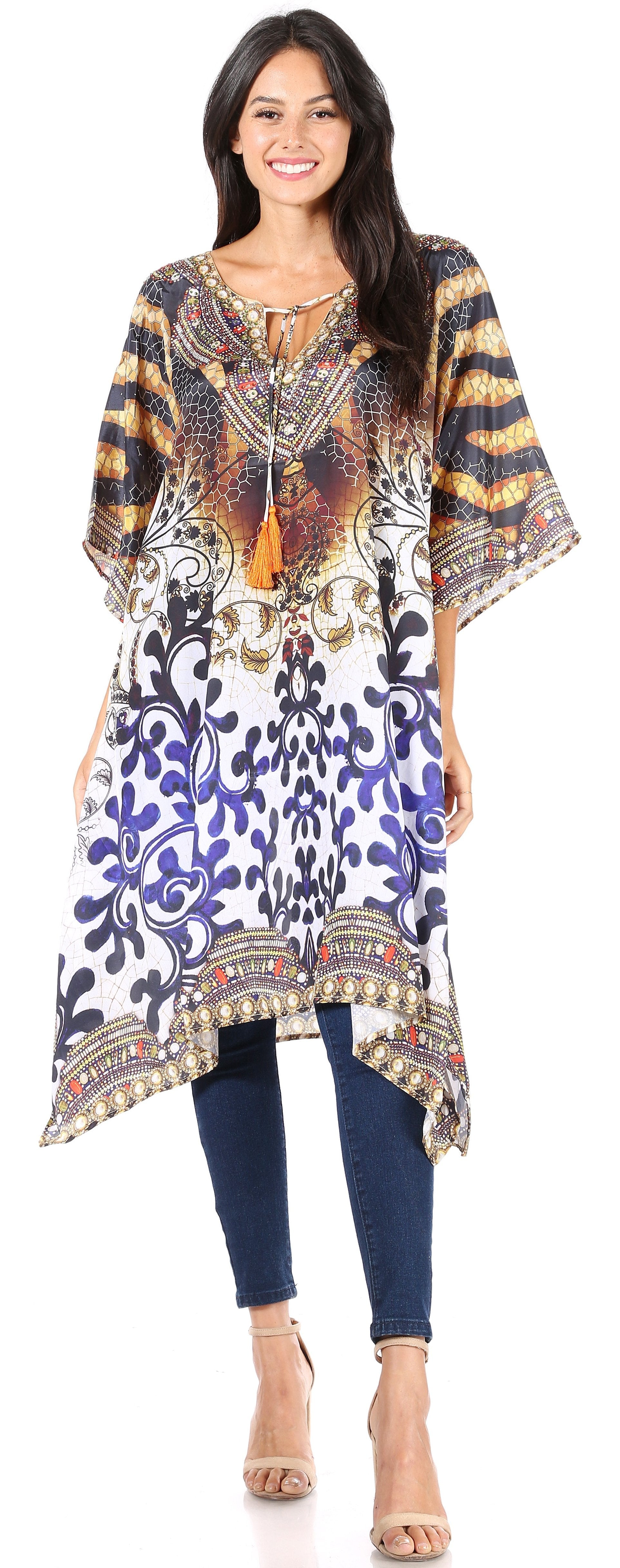 Woman wearing a patterned long shirt with a white background