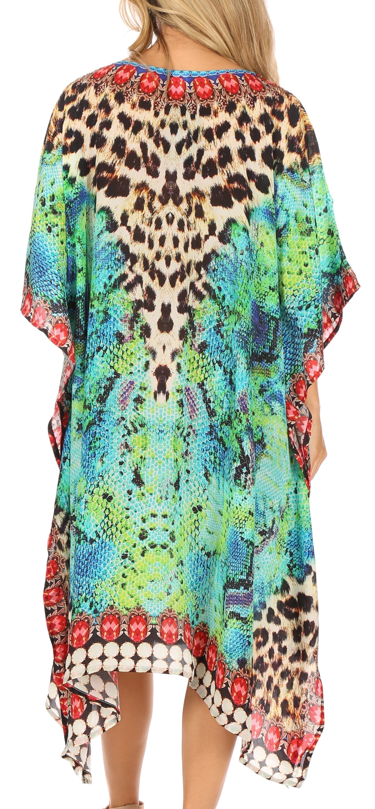 Colorful patterned kimono-style garment with leopard print design.