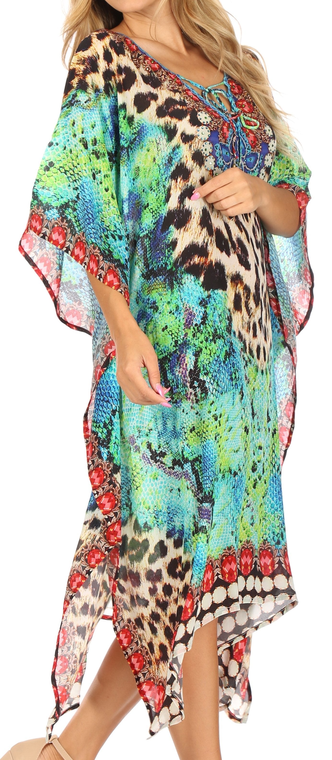 Colorful patterned dress with a leopard print overlay worn by a model.