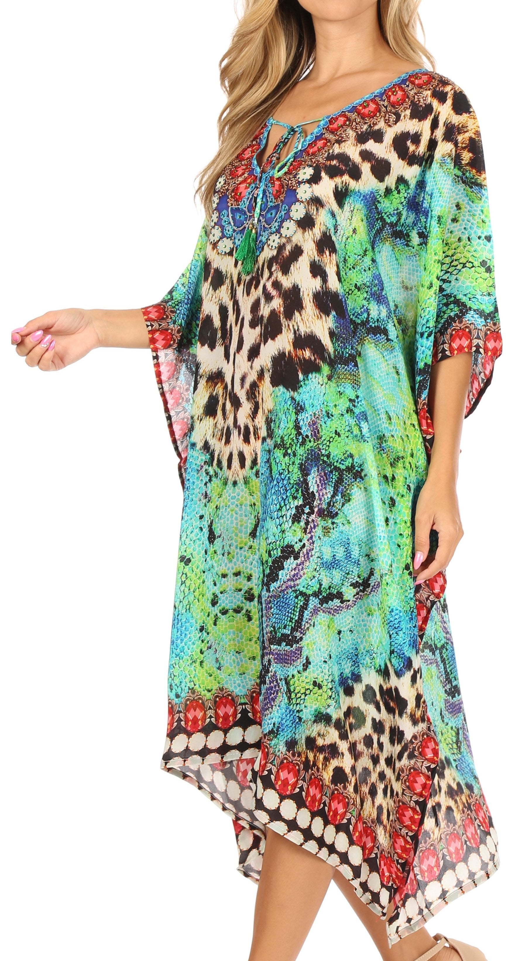 Multicolored dress with animal print and embroidery on a white background