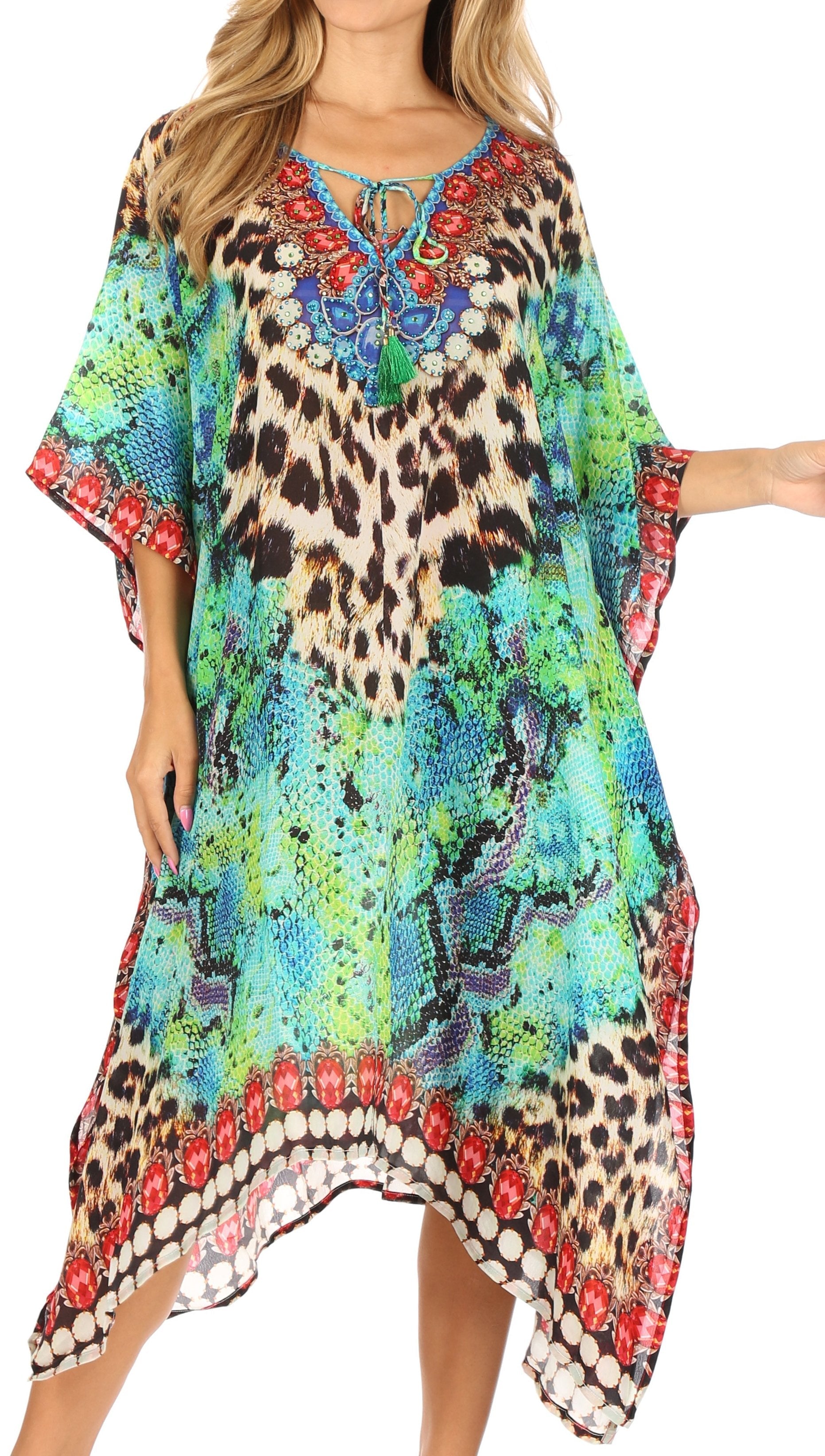 Colorful patterned dress with a mix of animal prints and abstract designs on a white background.