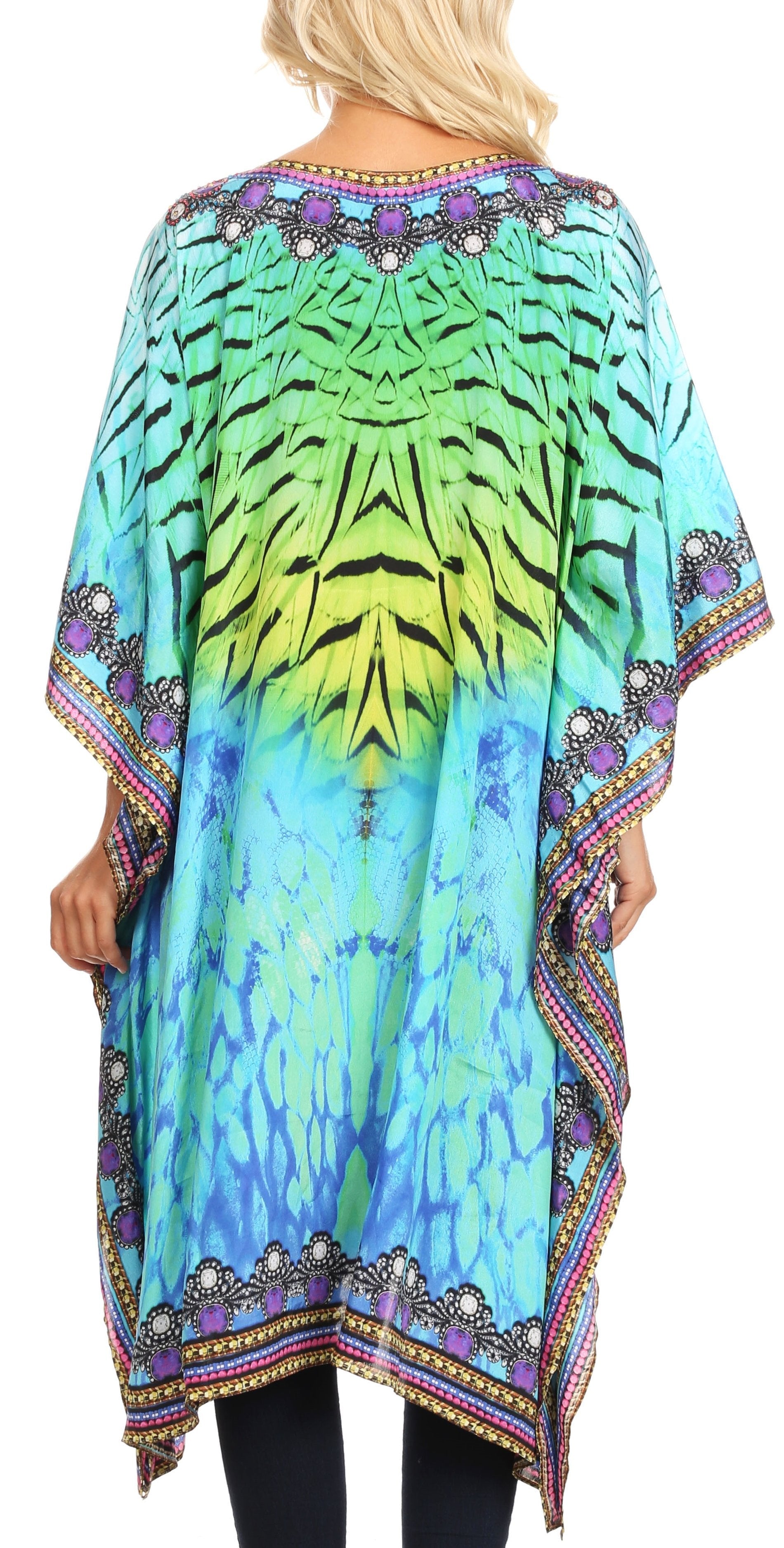 Colorful tie-dye kimono-style garment with decorative patterns on a white background