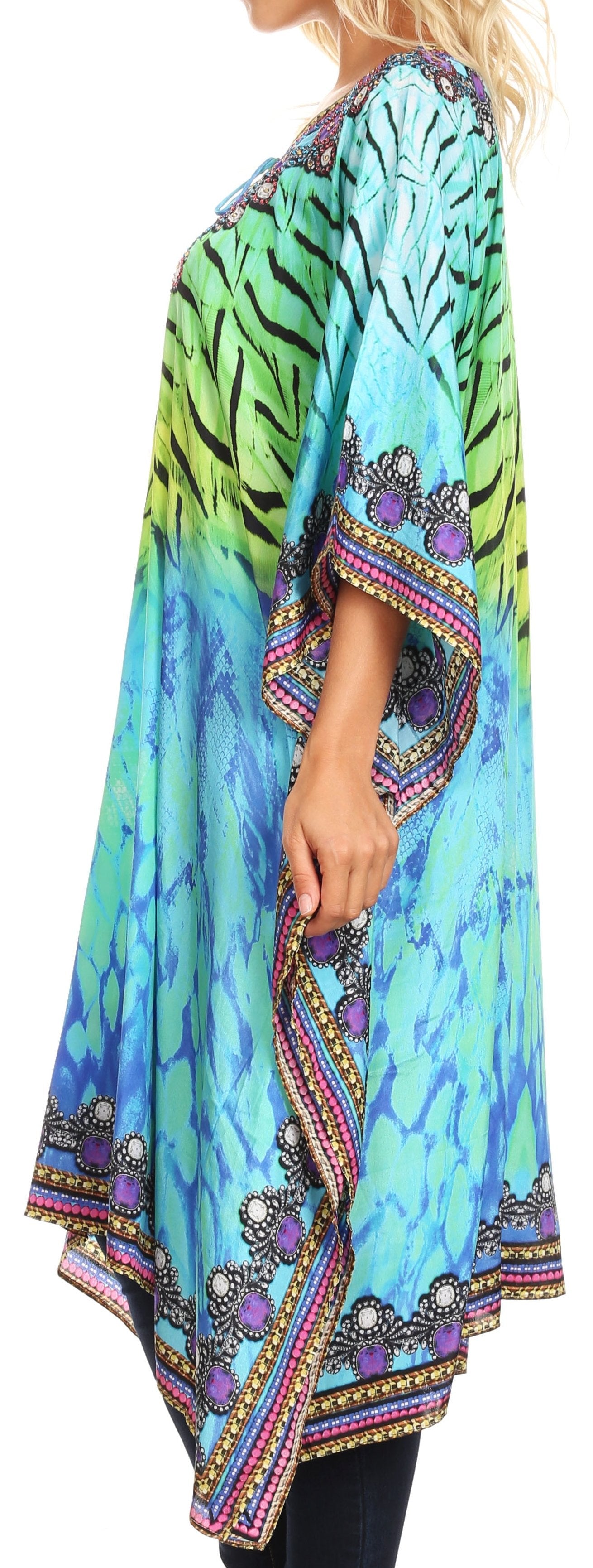 Colorful patterned dress with a vibrant design on a plain background
