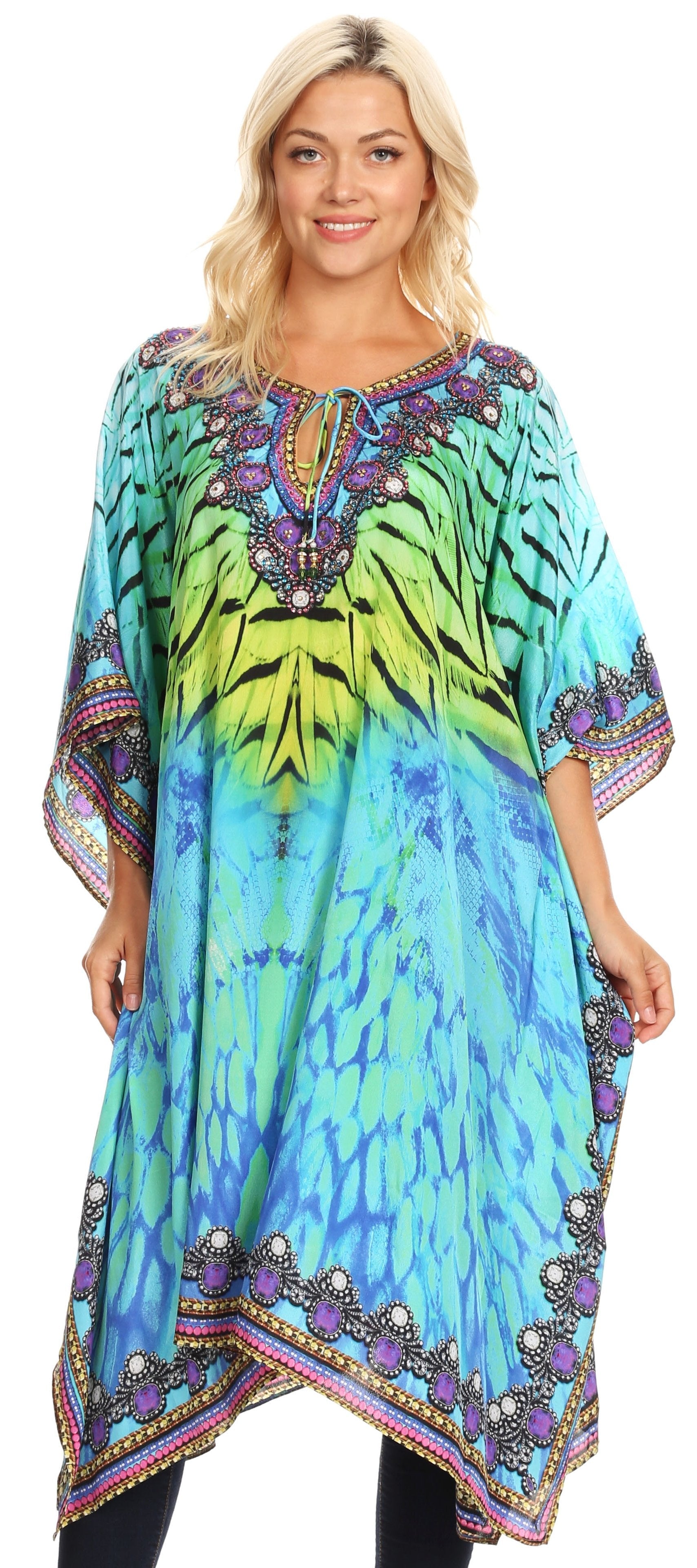 Woman wearing a colorful tie-dye dress with intricate patterns