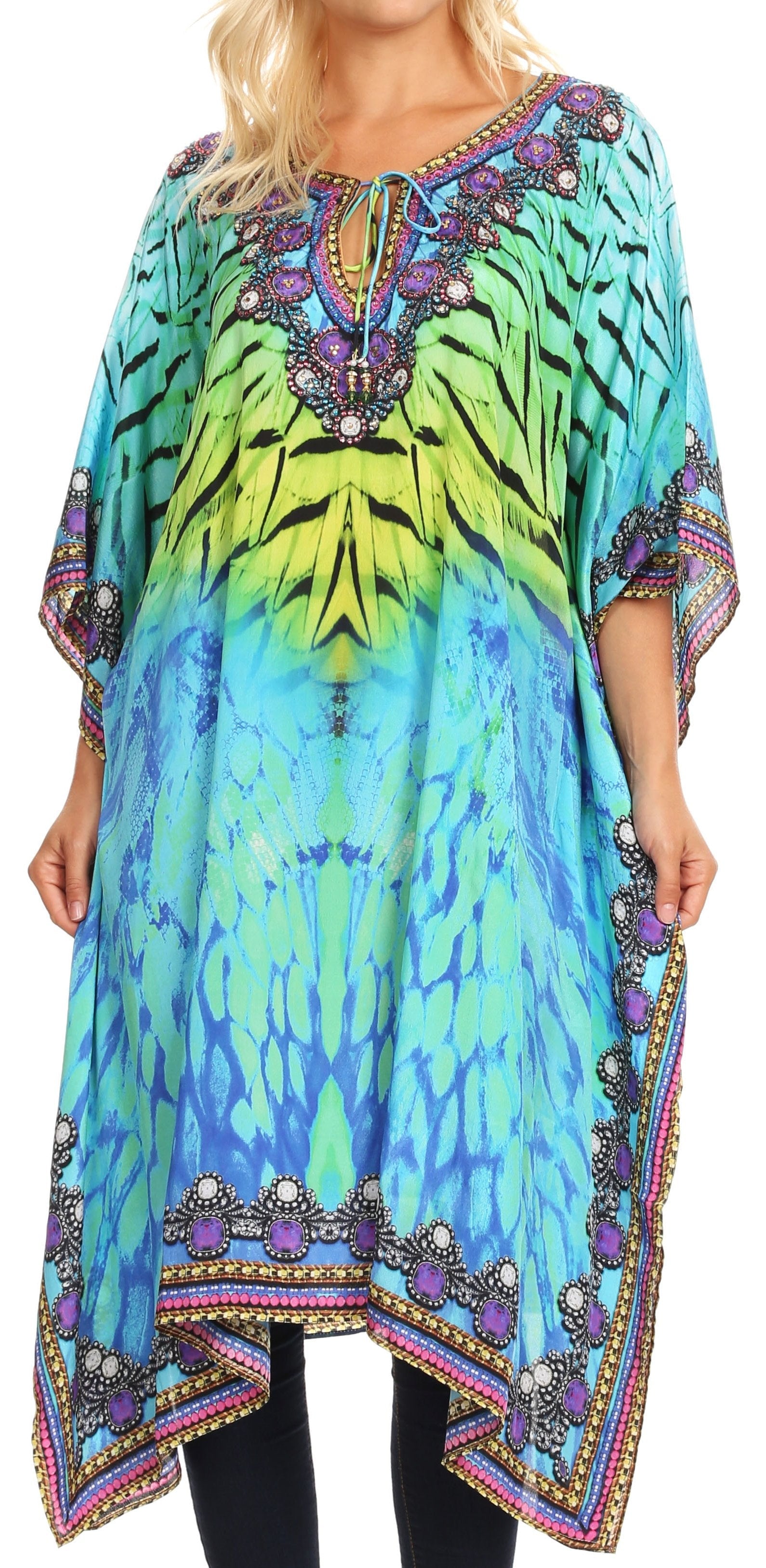 Colorful tie-dye dress with intricate patterns on a plain background