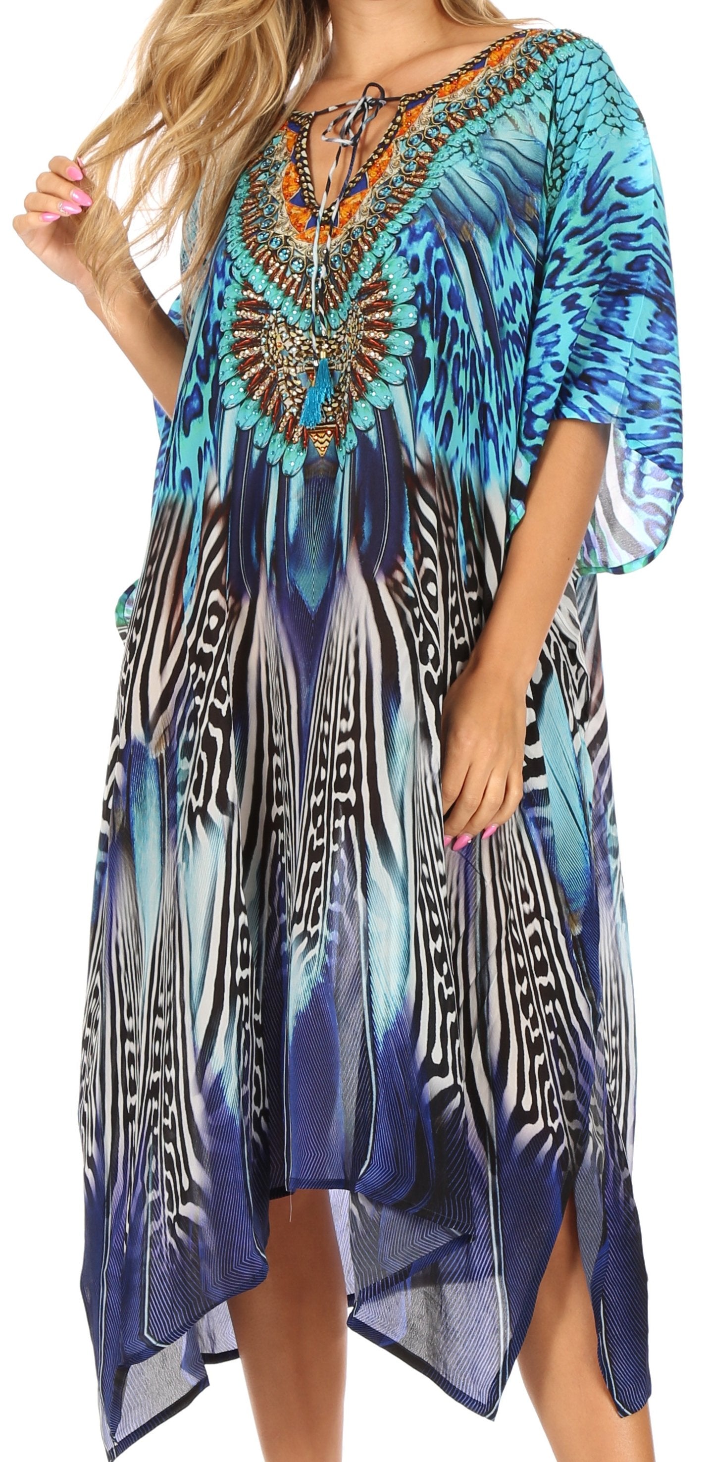 Woman wearing a colorful patterned dress with zebra design