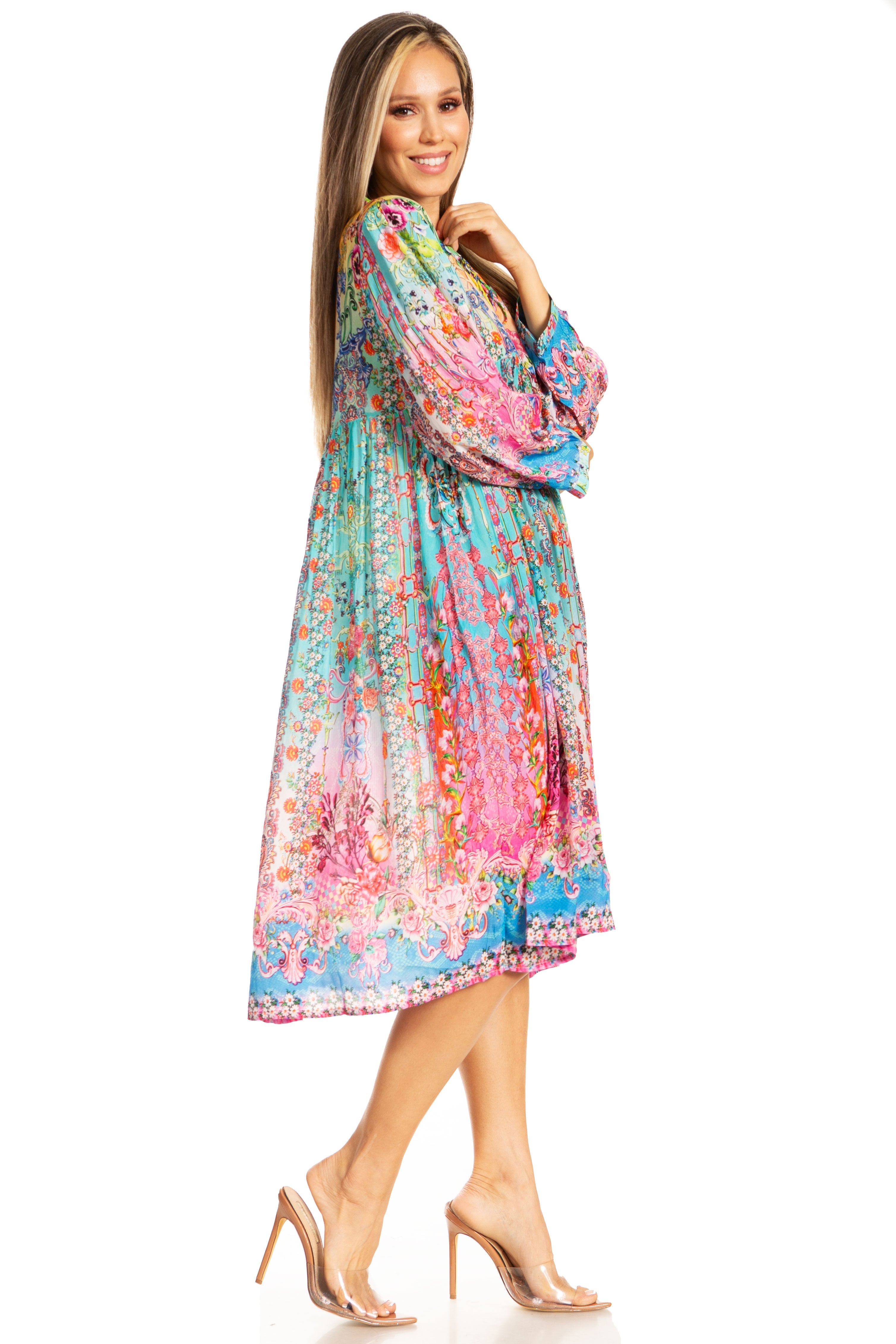 Woman wearing a colorful floral dress on a white background