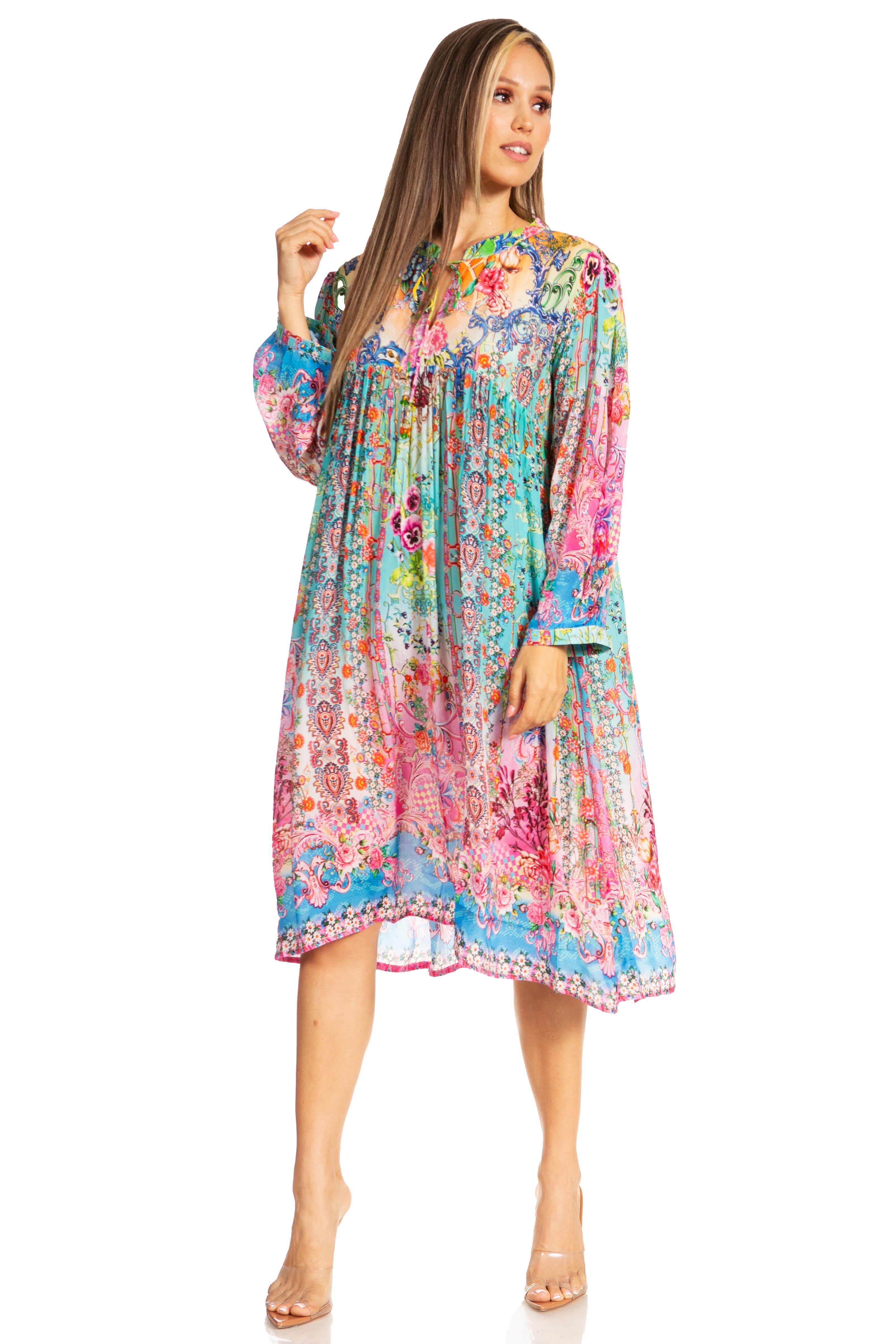 Woman wearing a colorful floral dress on a white background