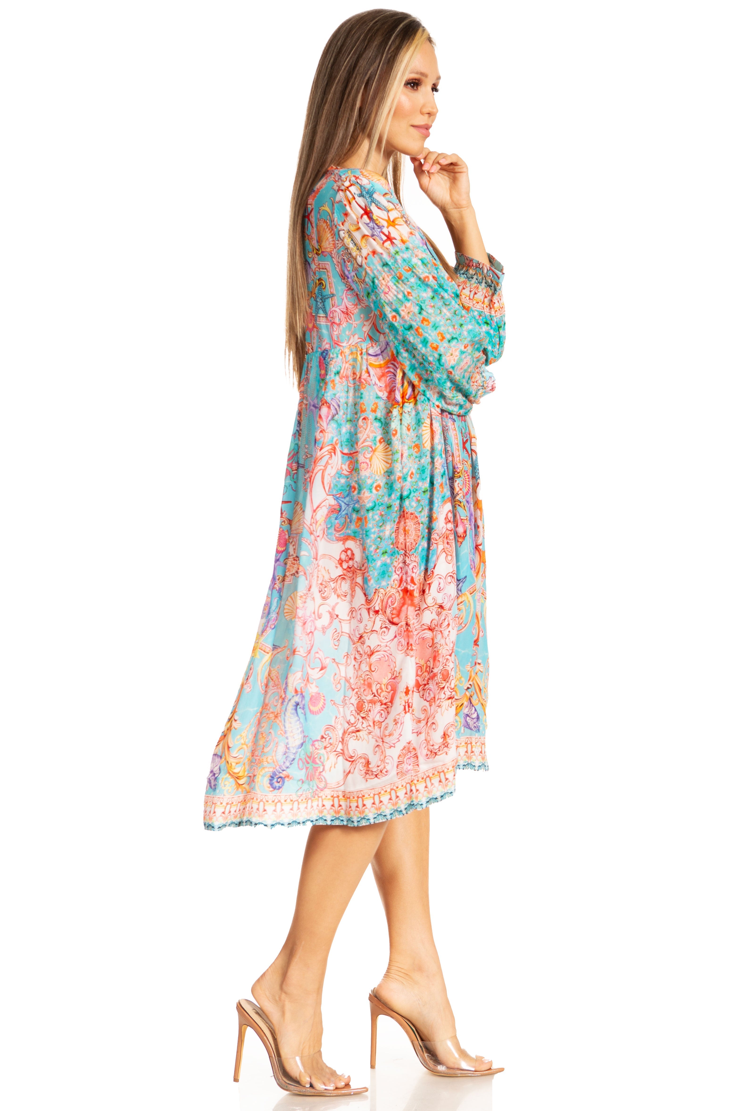 Woman wearing a colorful floral dress on a white background