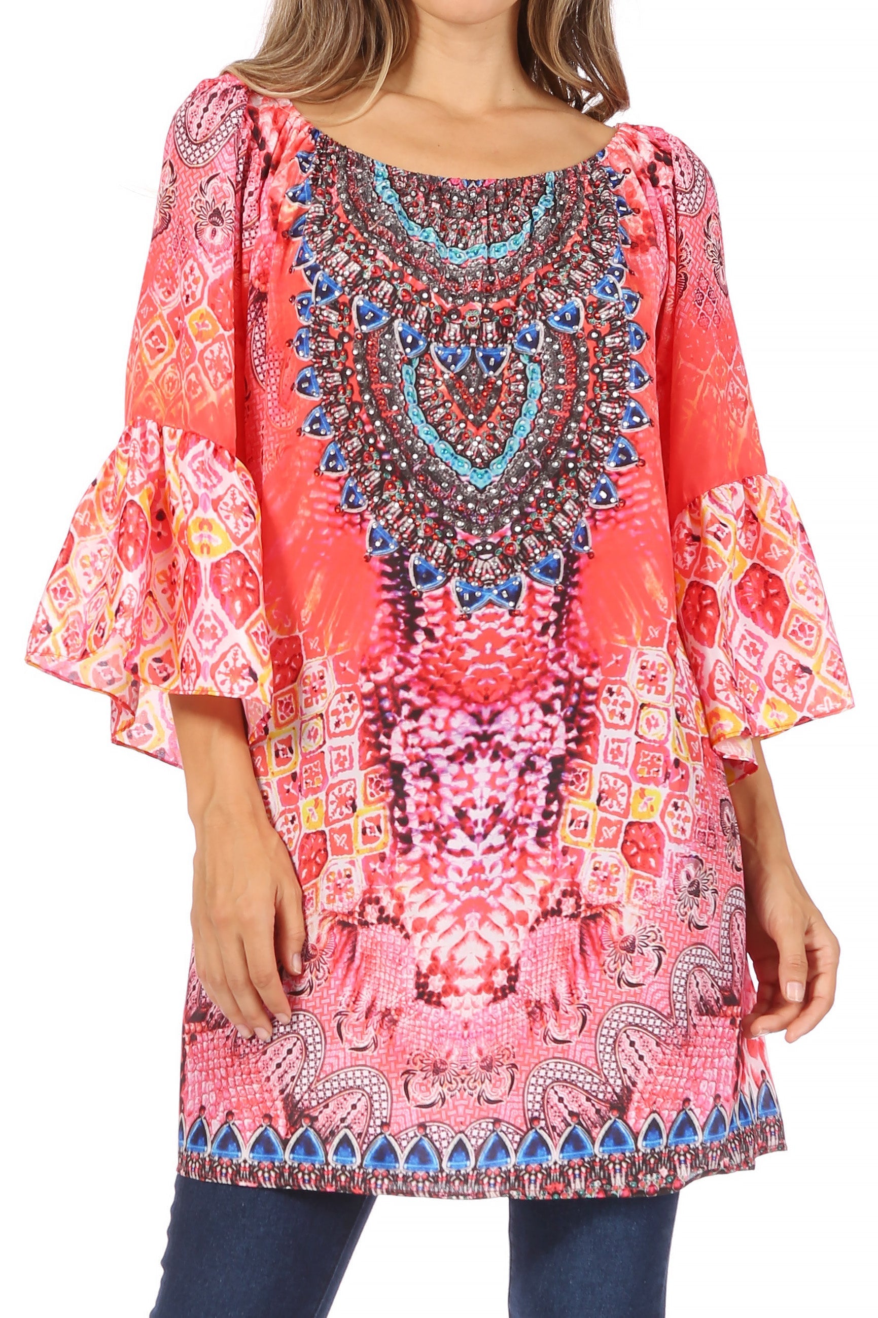 Colorful patterned blouse with bell sleeves on a white background