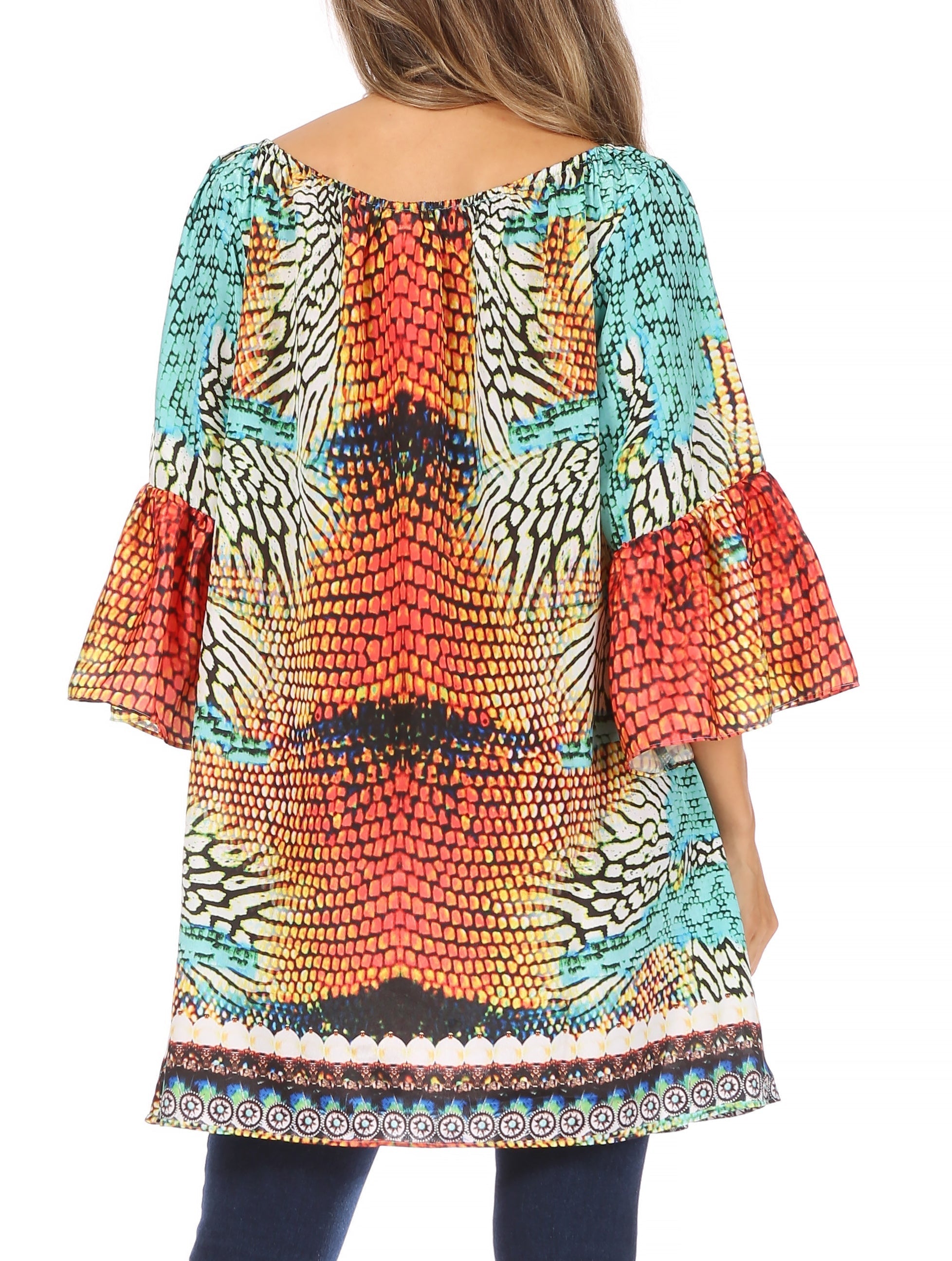 Colorful patterned blouse with bell sleeves on a white background
