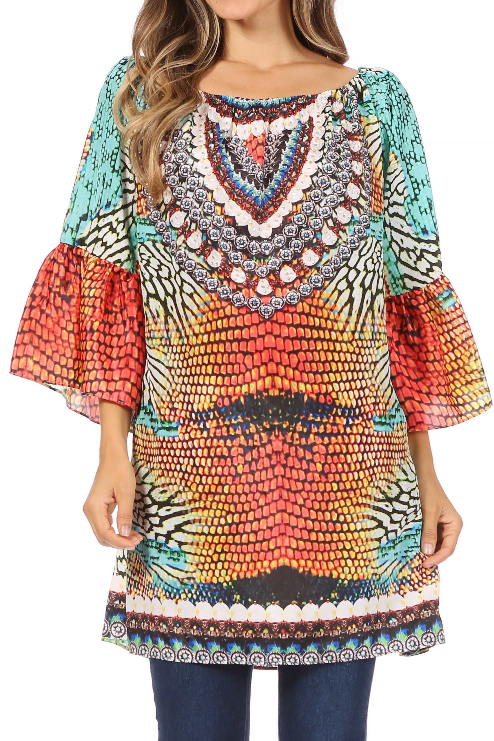 Colorful patterned blouse with ruffled sleeves on a white background