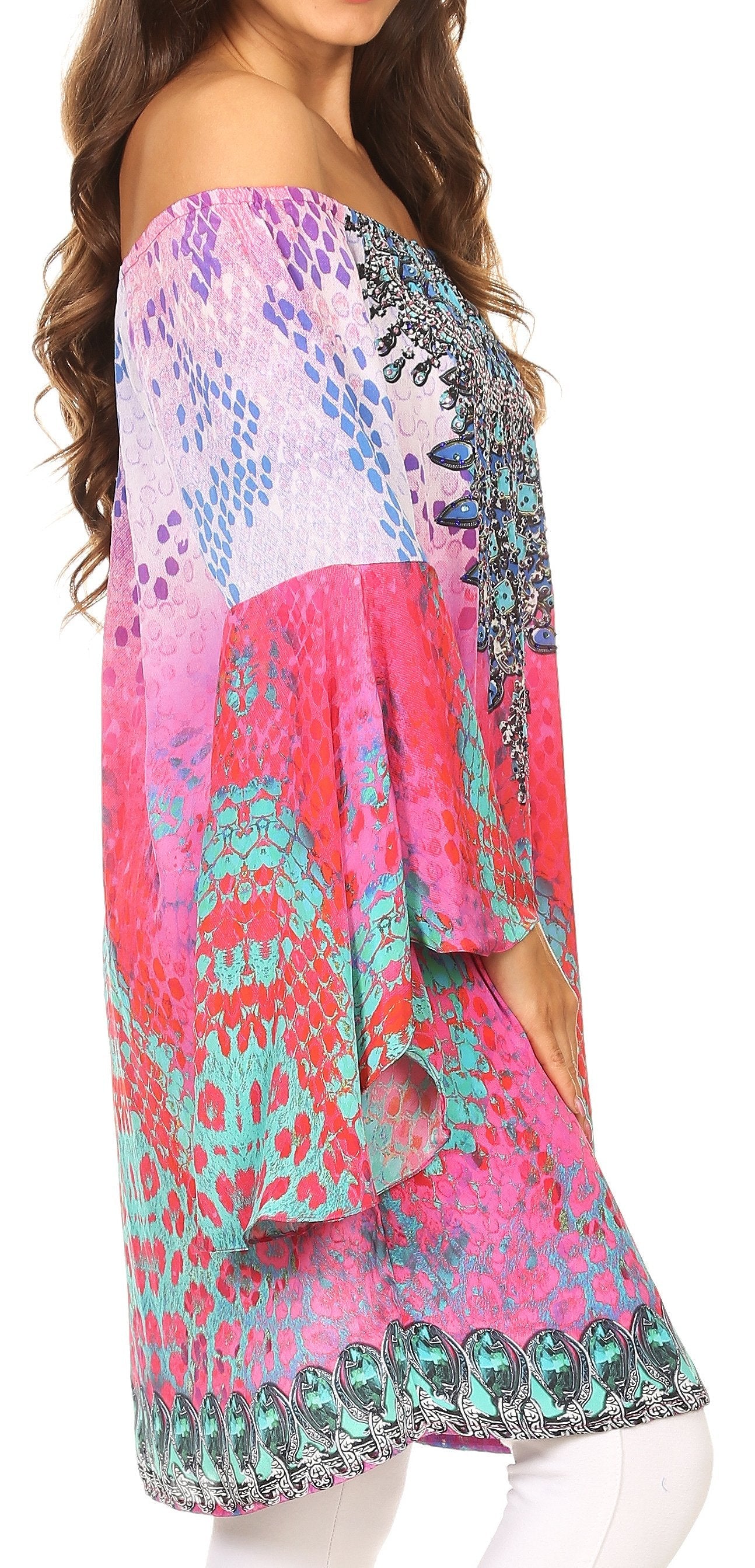 Colorful off-shoulder dress with abstract patterns on a white background