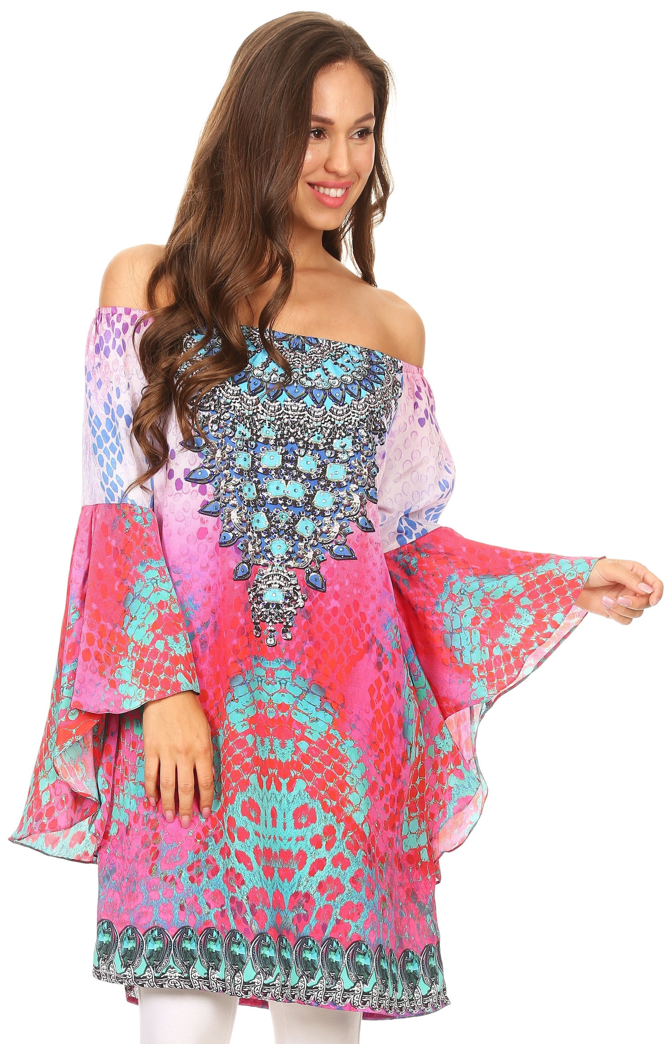 Woman wearing a colorful off-shoulder dress with a white background