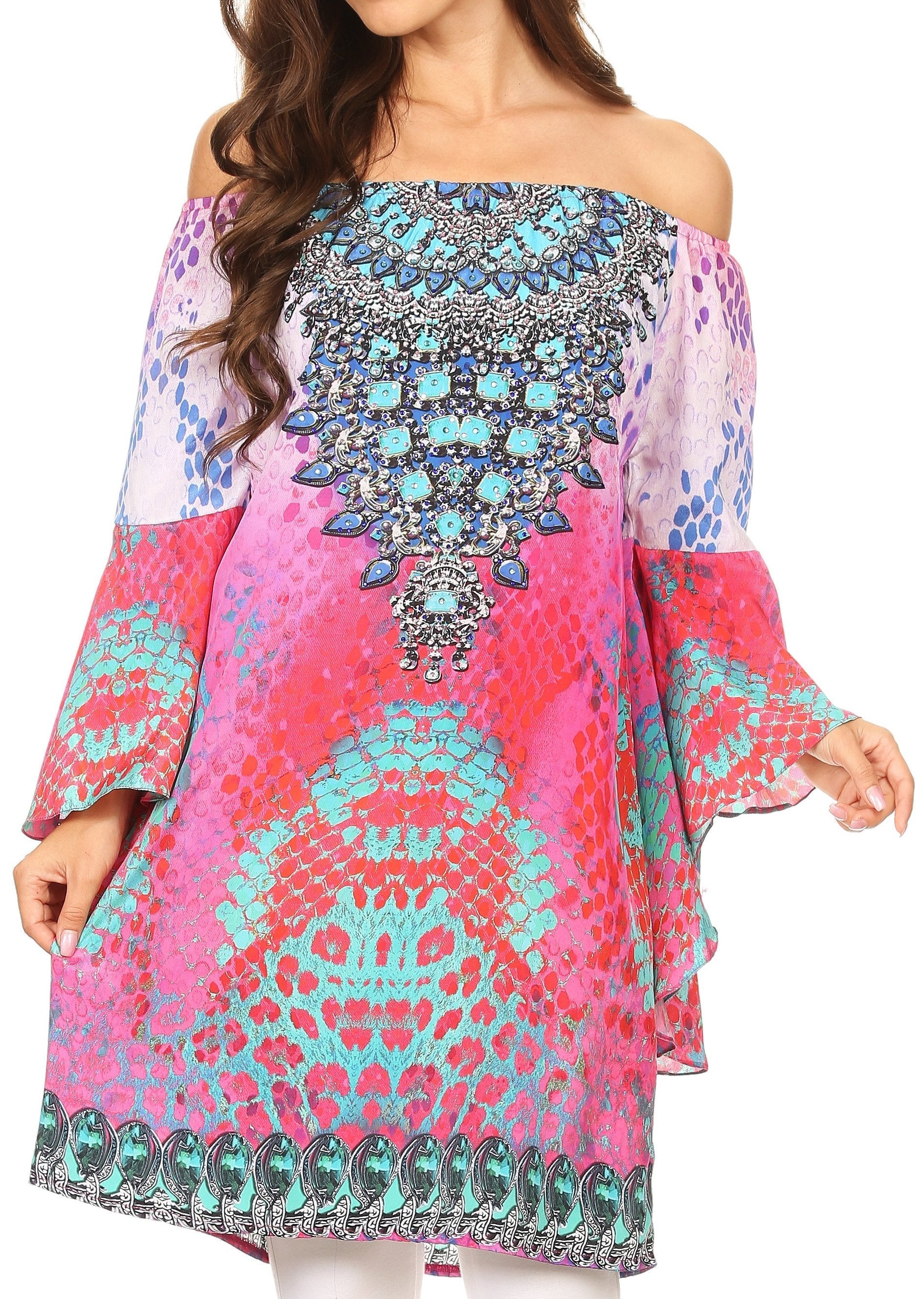 Colorful off-shoulder dress with intricate patterns on a white background