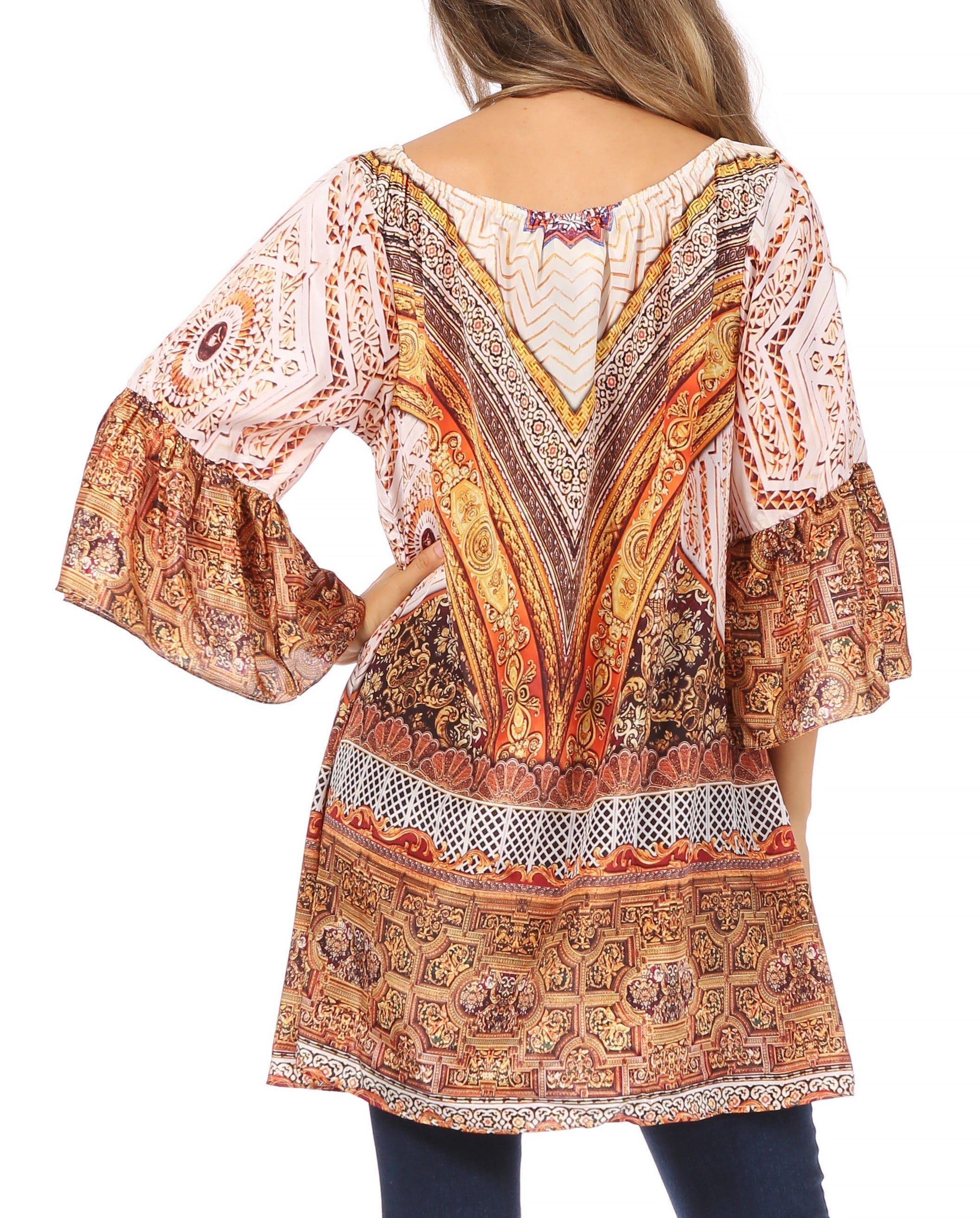 Patterned blouse with bell sleeves on a white background