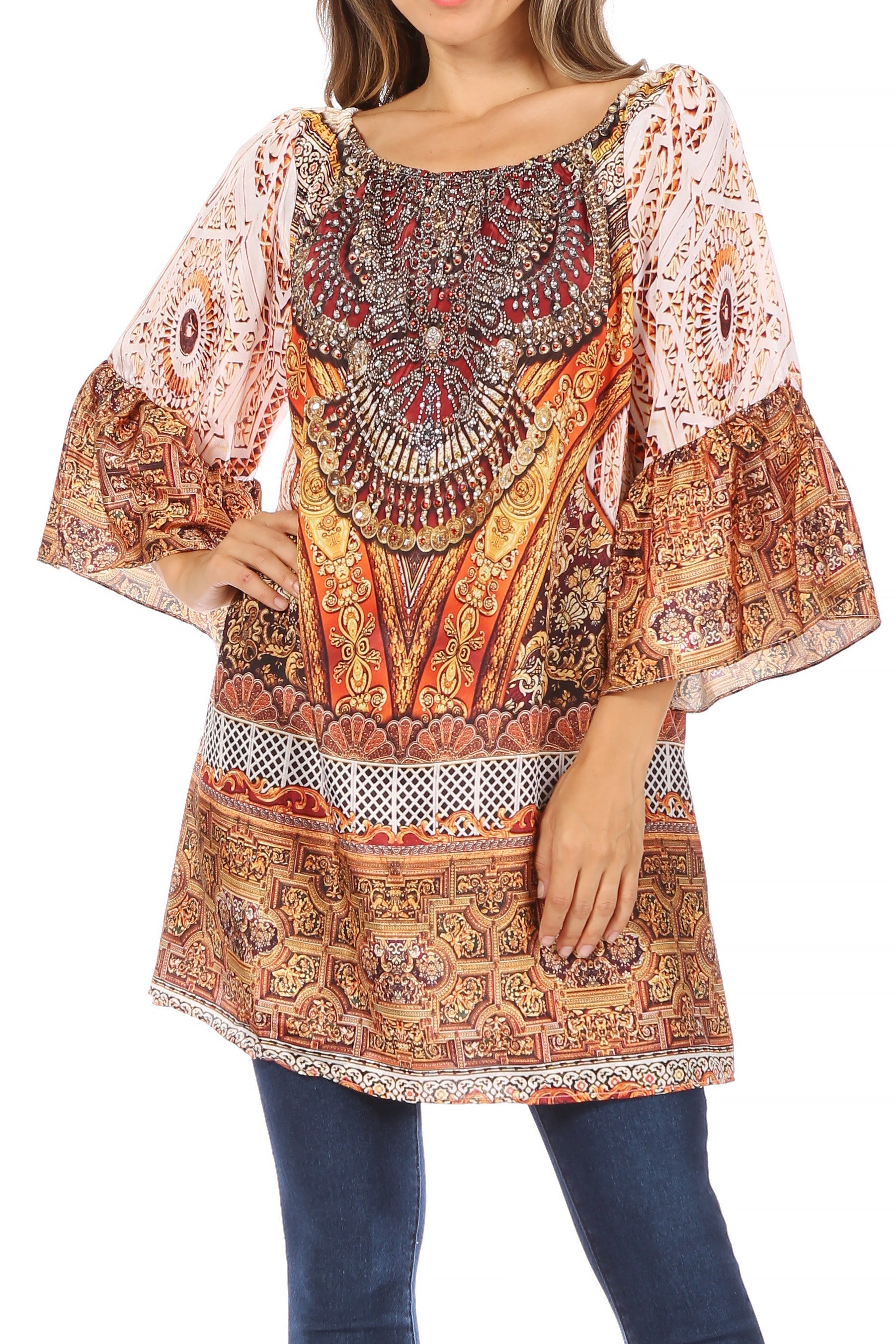 Woman wearing a patterned blouse with bell sleeves on a white background