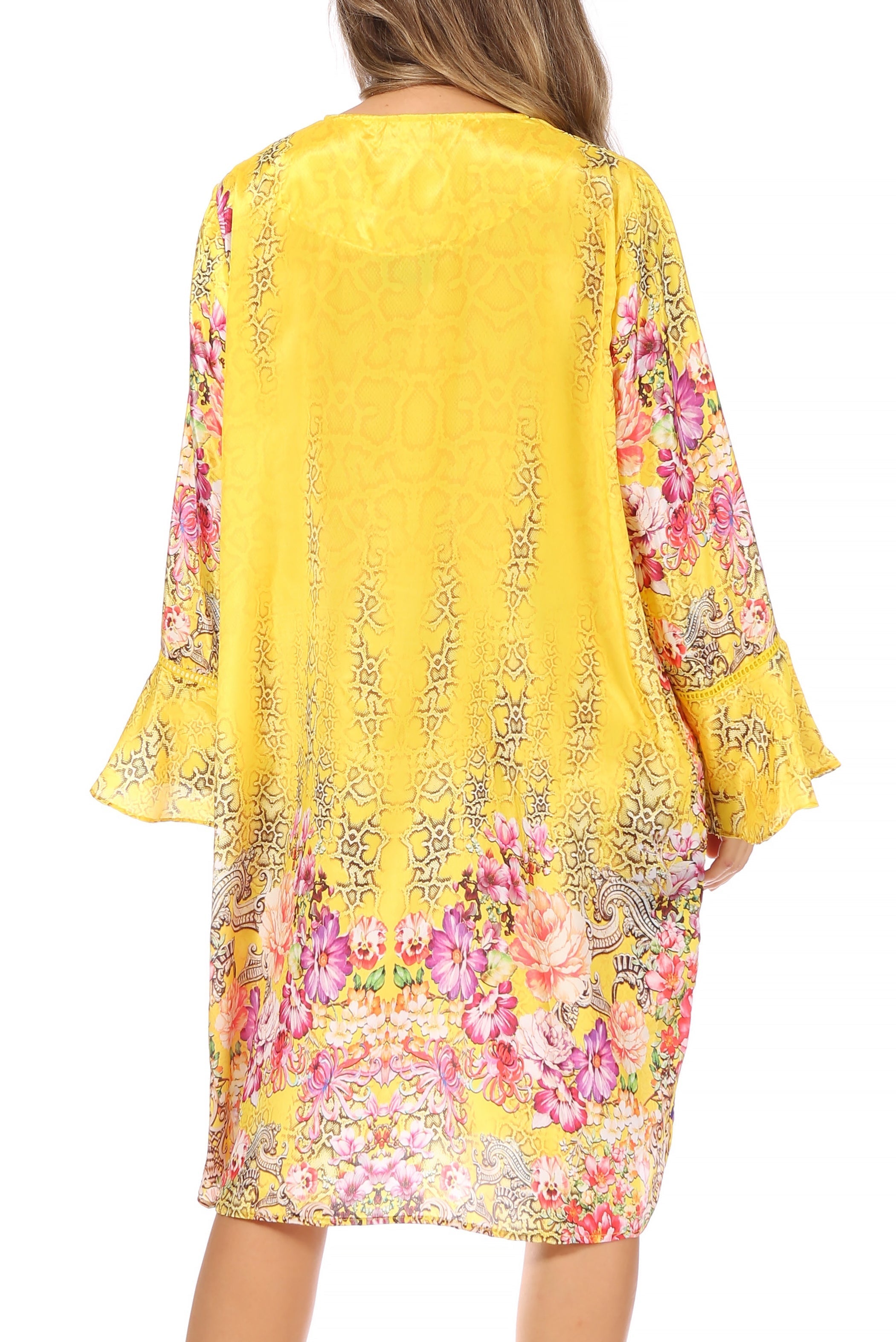 Yellow floral kimono-style garment on a white background