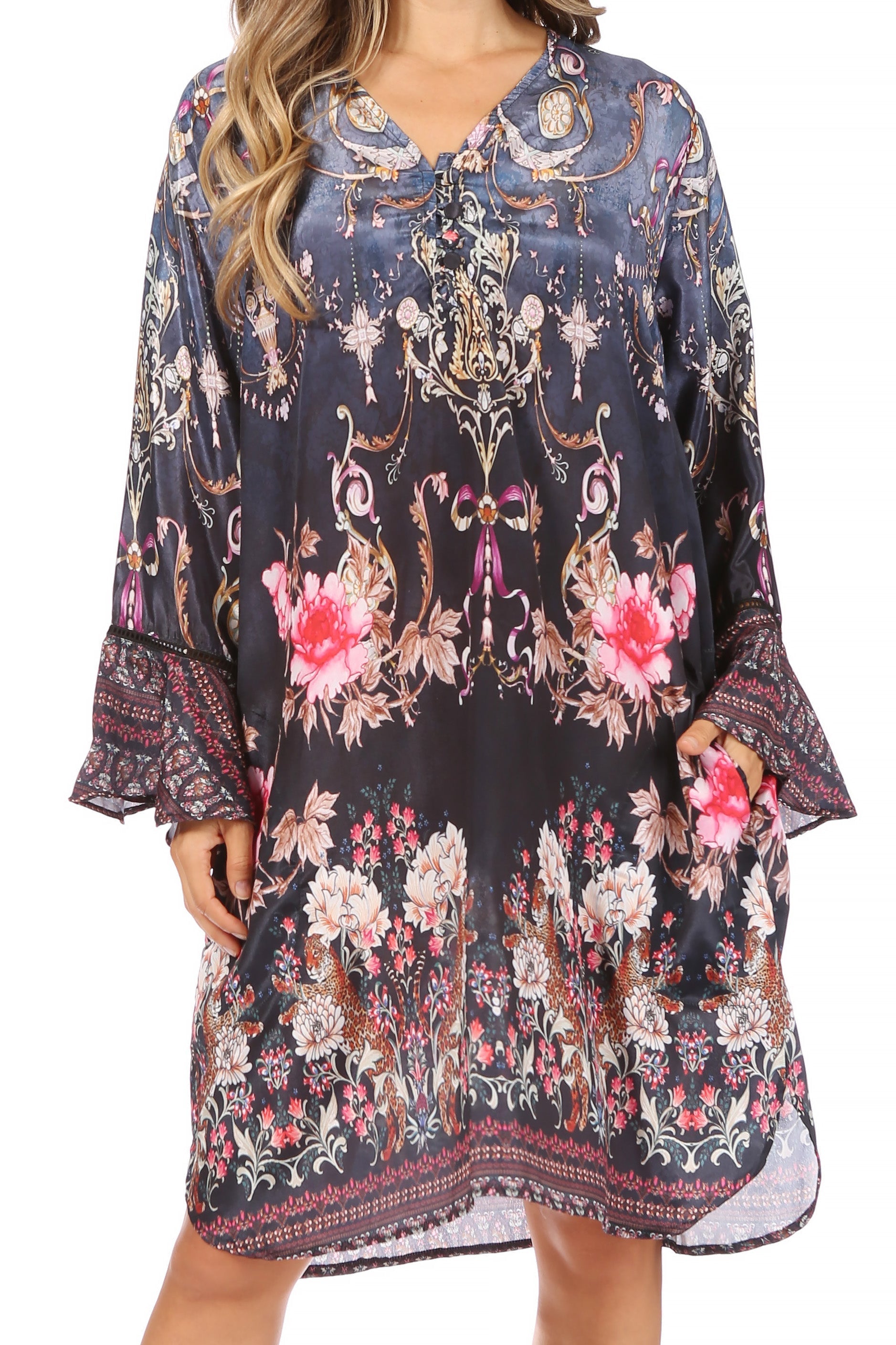 Floral patterned dress with long sleeves on a white background
