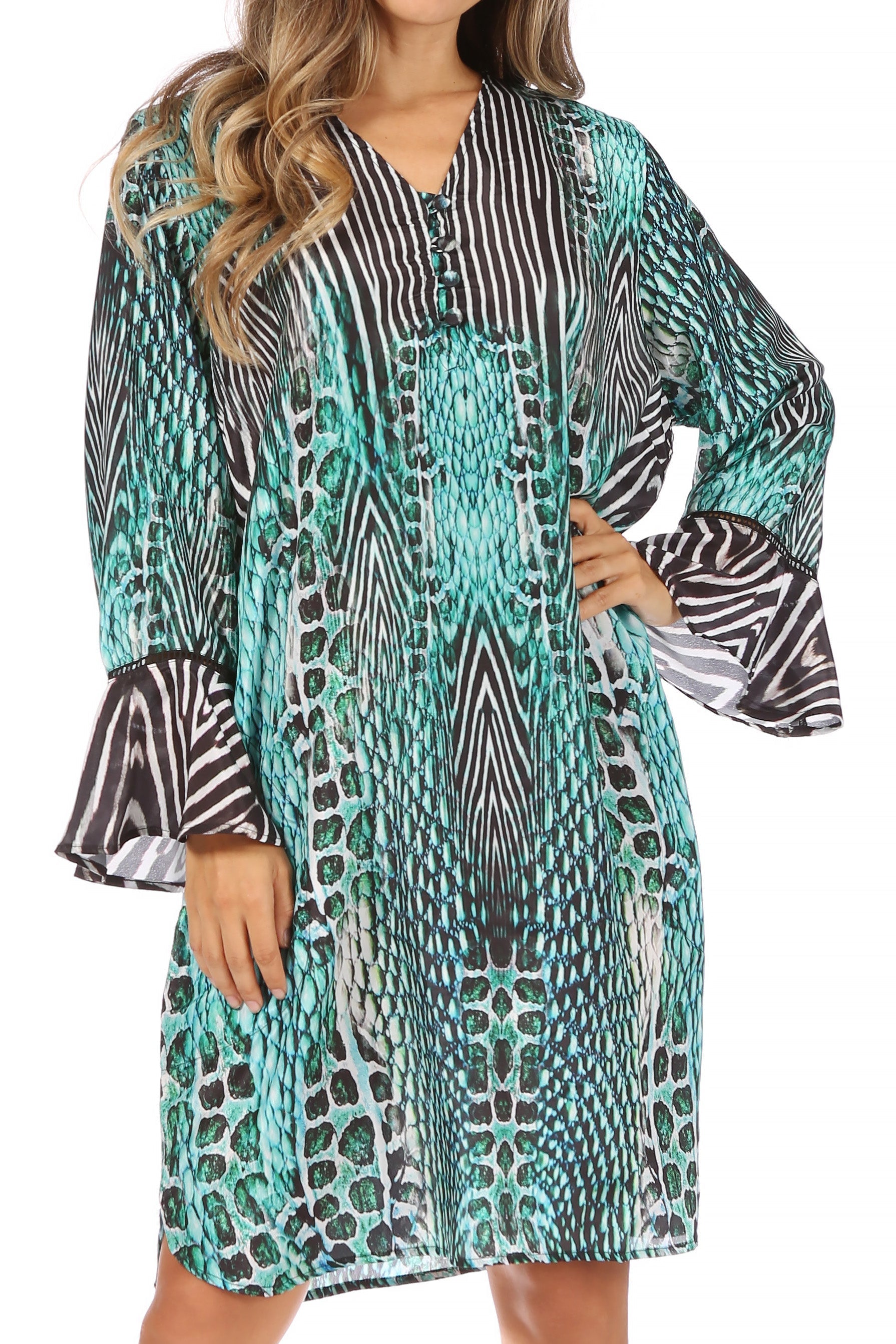Patterned dress with bell sleeves on a white background