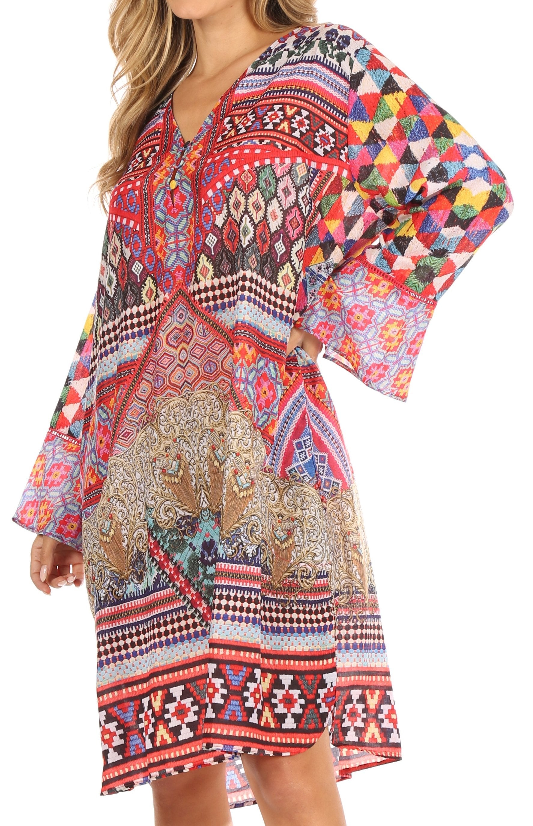 Colorful patterned dress with bell sleeves on a white background