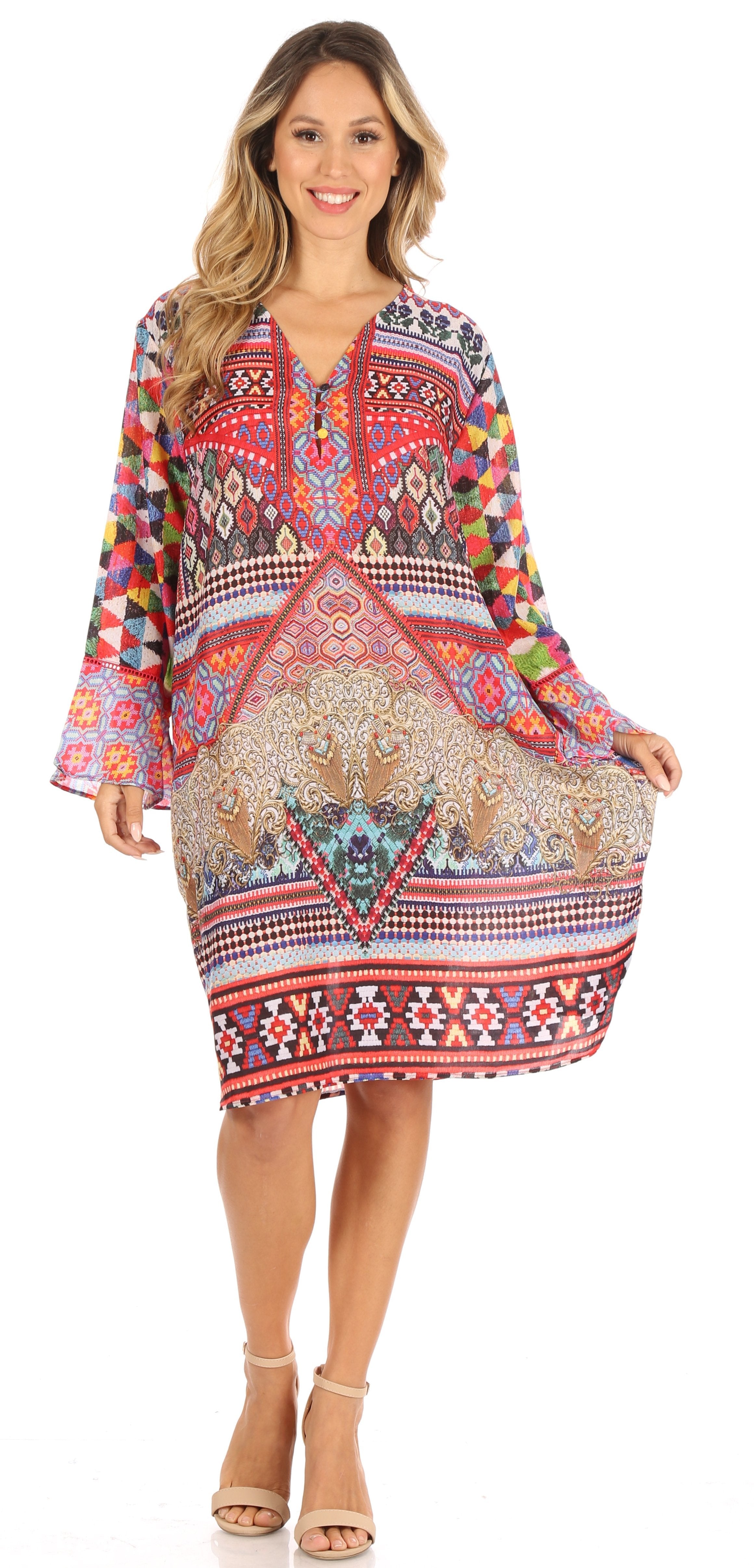 Woman wearing a colorful patterned dress on a white background