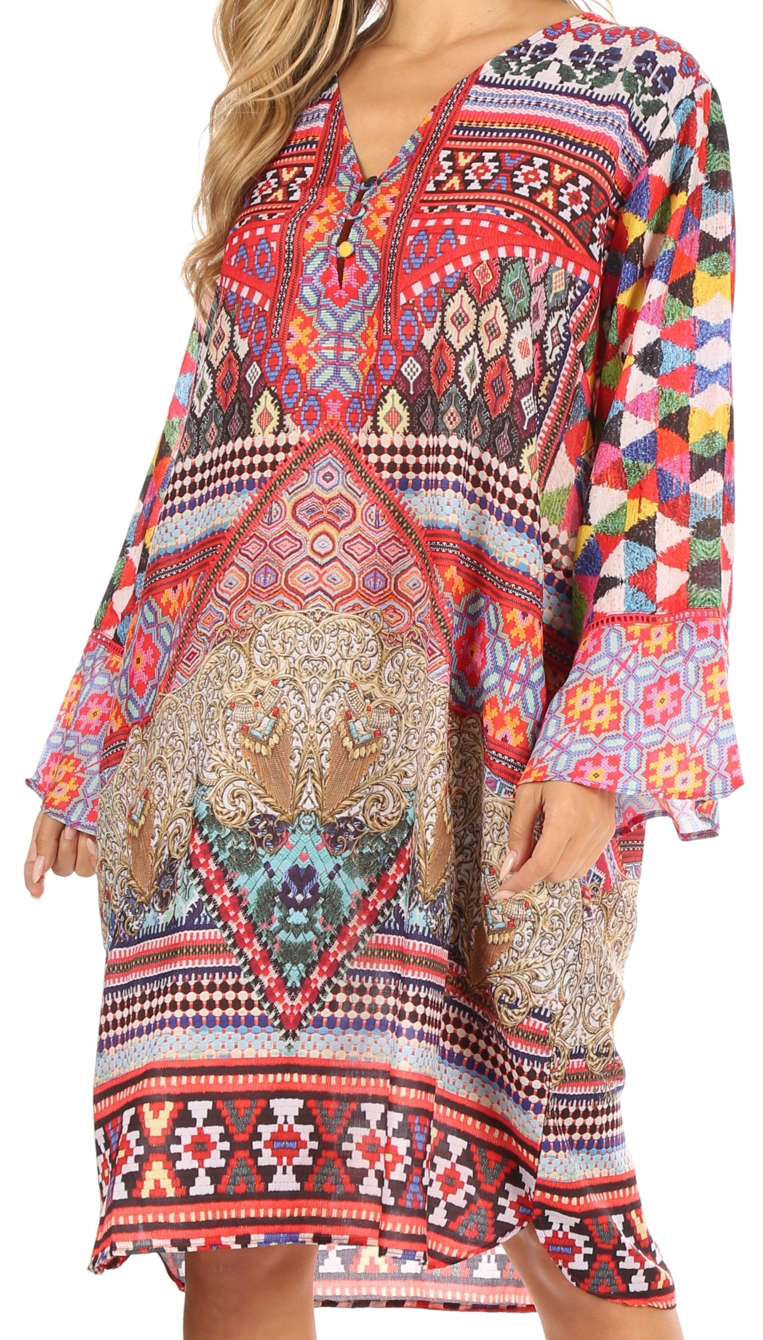 Colorful patterned dress with long sleeves on a plain background