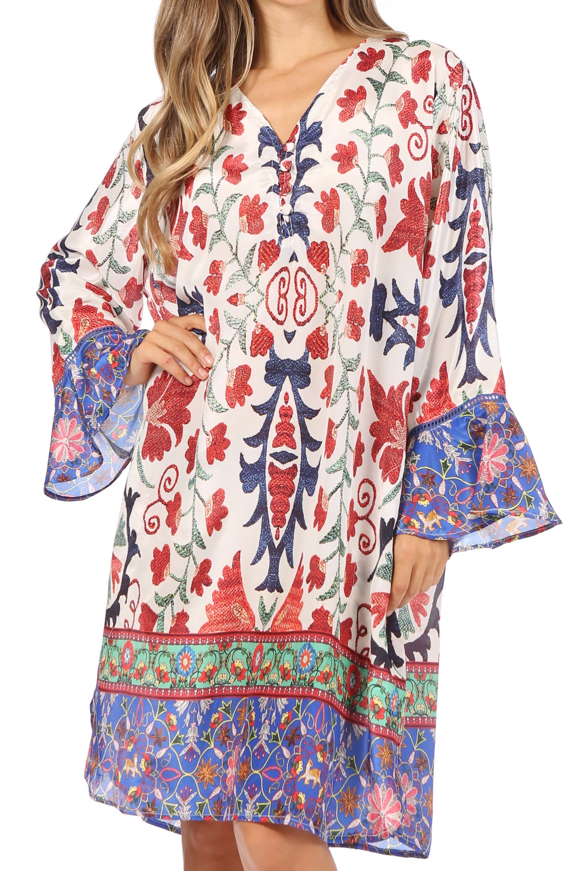 Colorful patterned dress with bell sleeves on a white background