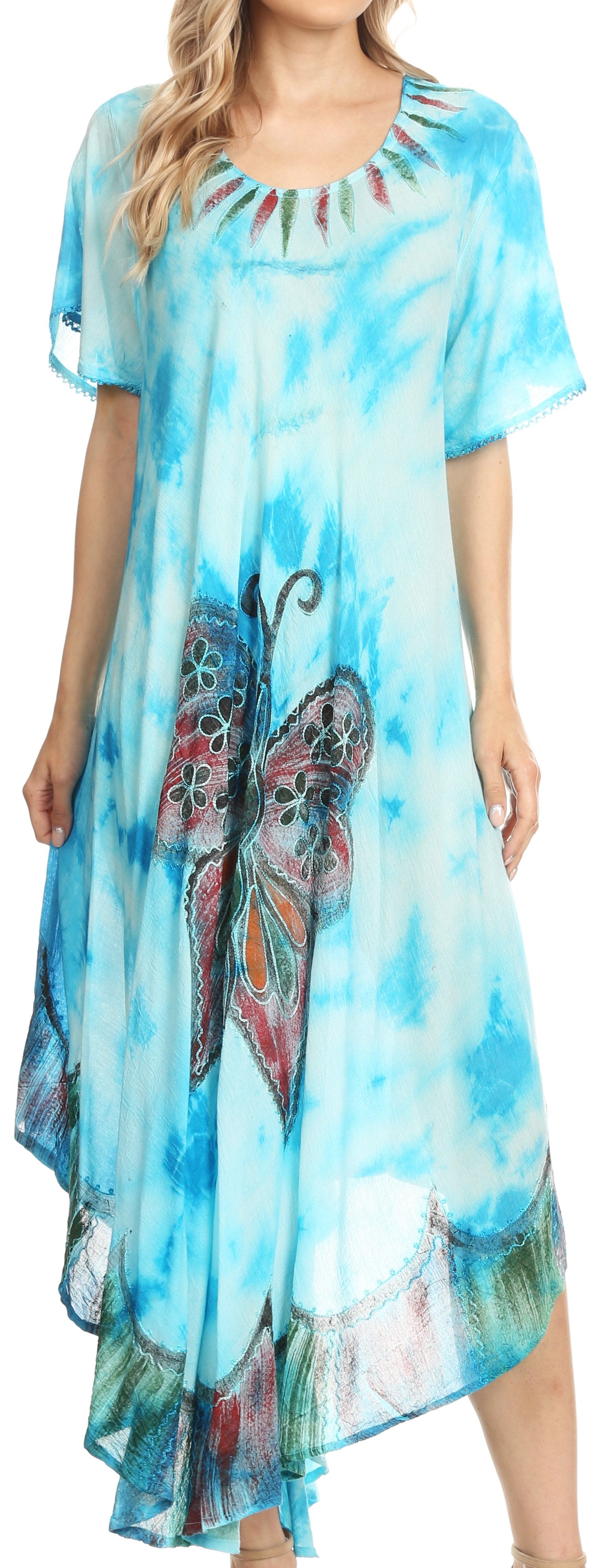 Long, colorful dress with floral design on a plain background