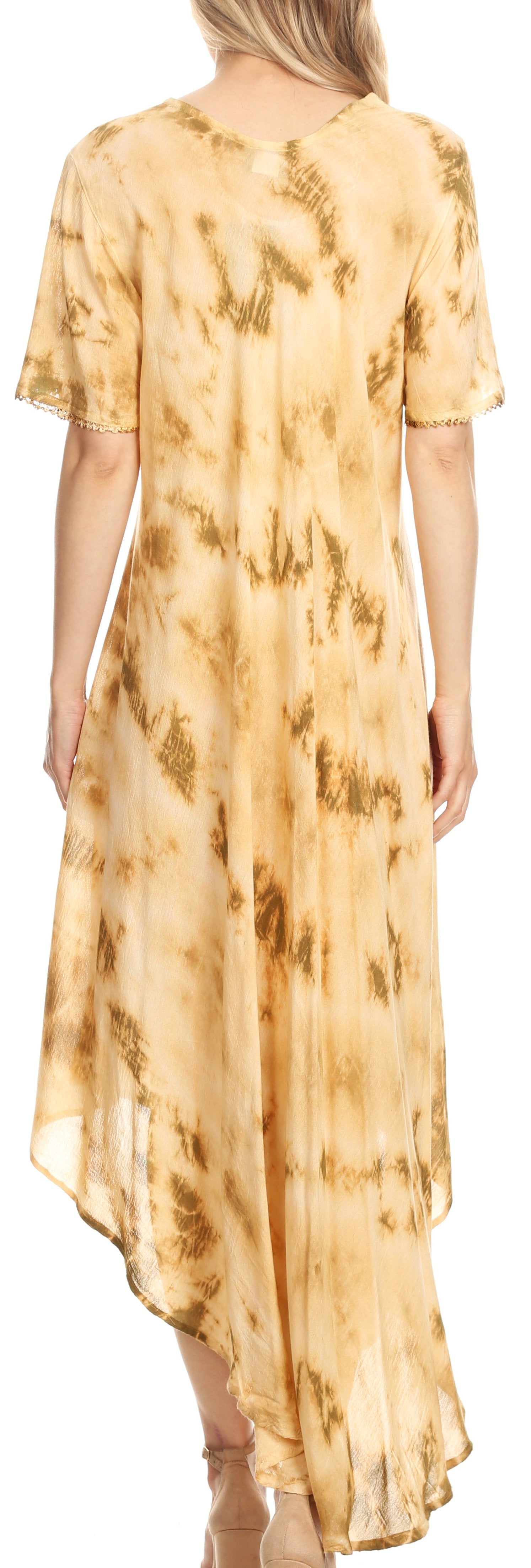 Tie-dye dress in a yellow and brown pattern on a plain background