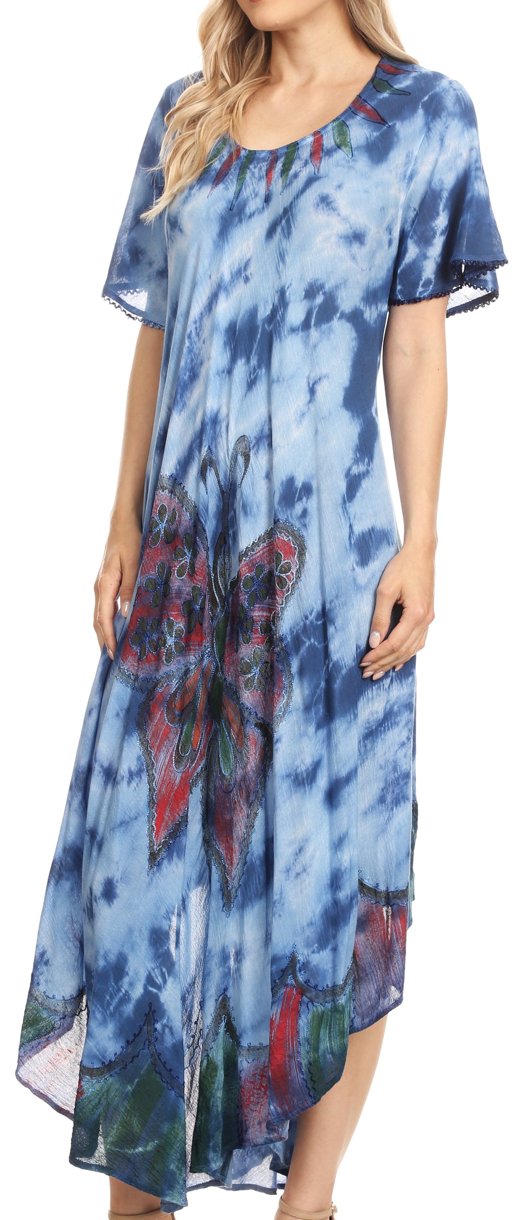 Blue tie-dye dress with a floral pattern on a white background