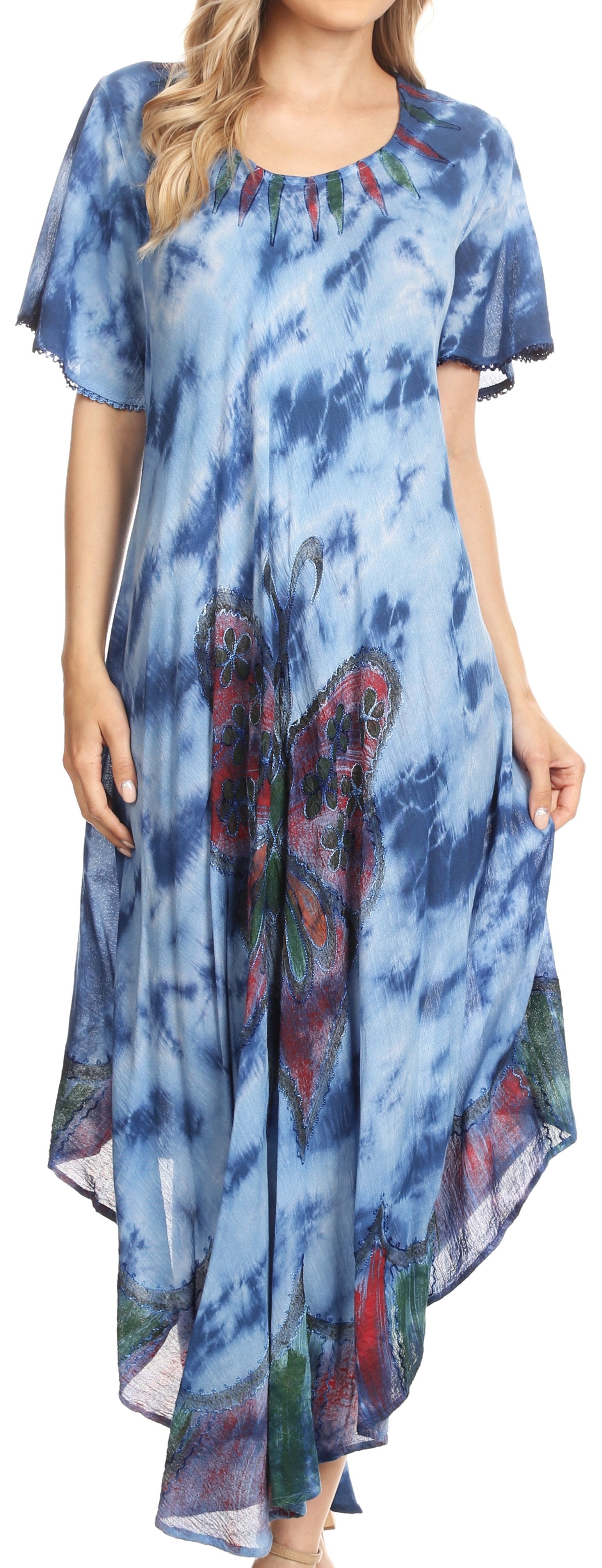 Blue tie-dye dress with colorful patterns on a plain background