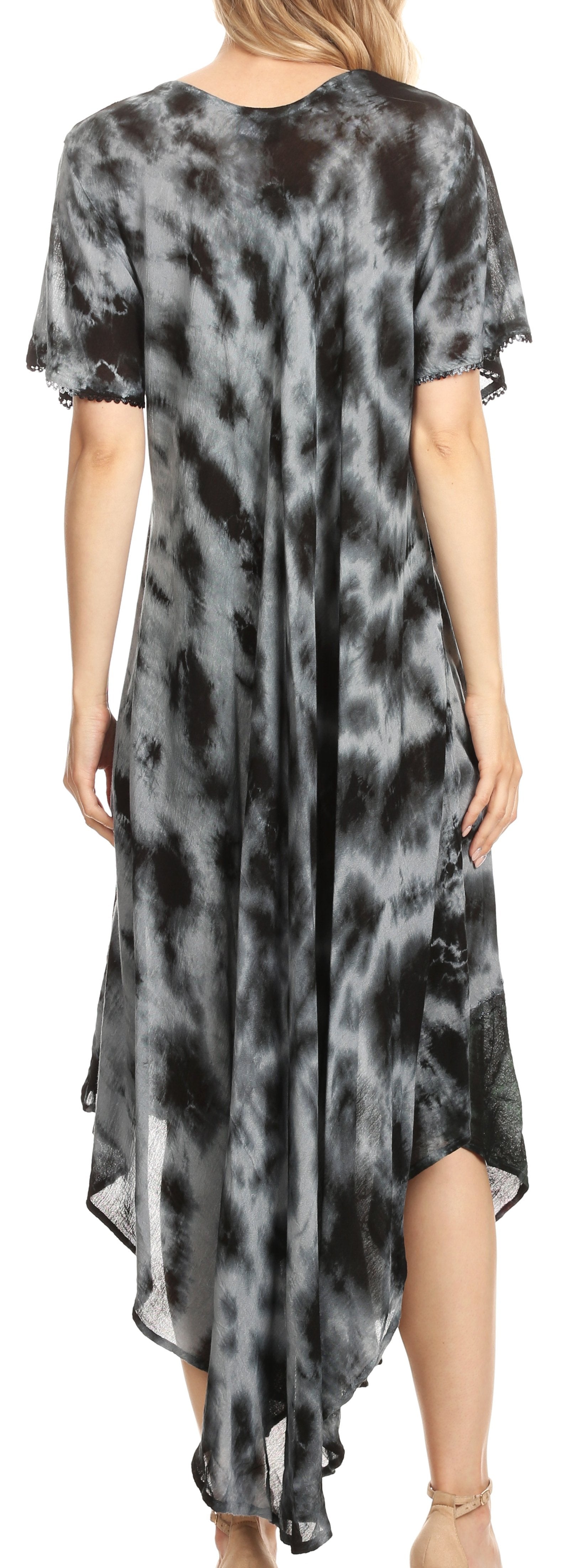 Tie-dye dress with a black and gray pattern on a model